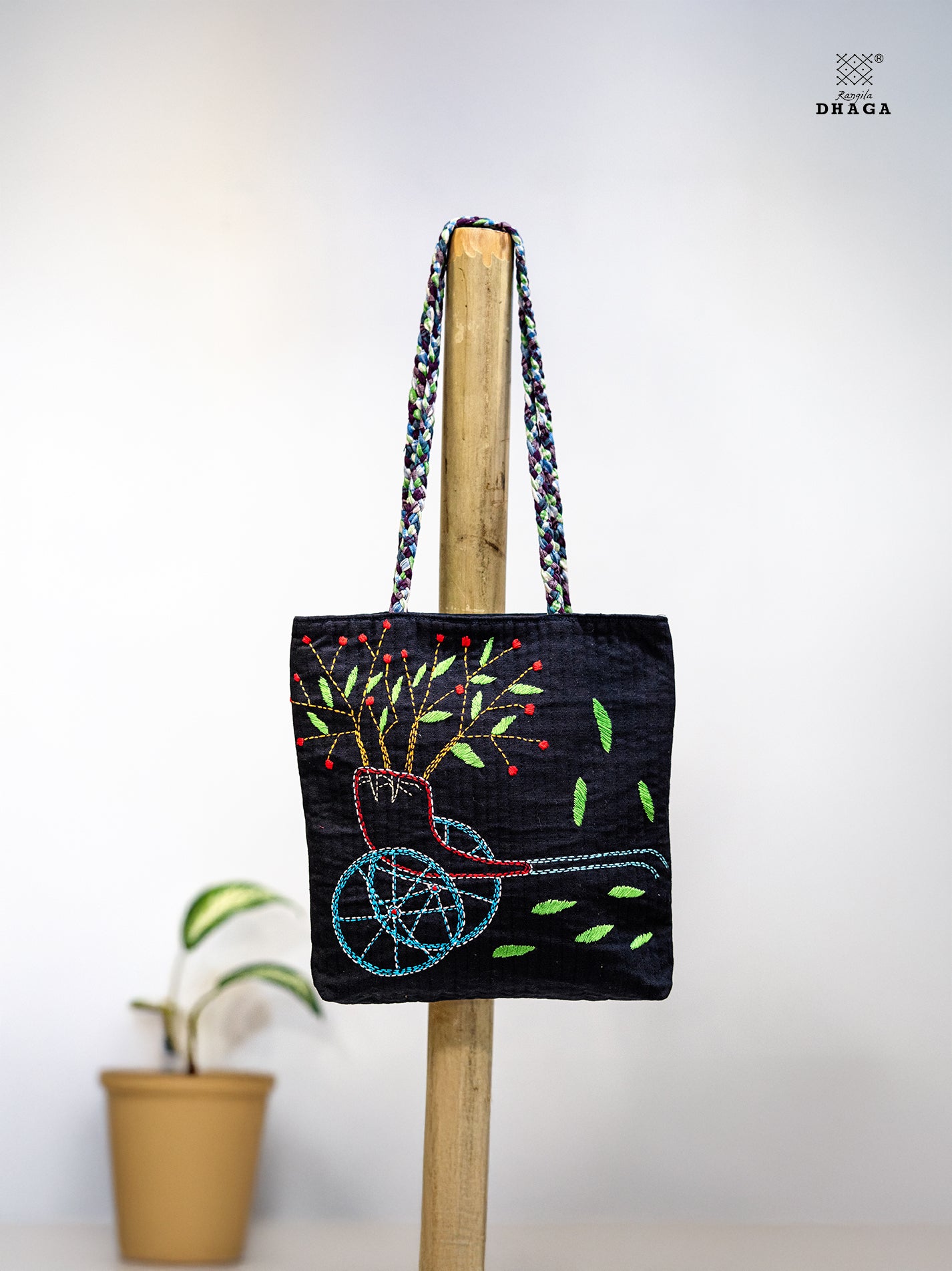 The Garden Cart – Hand Embroidered Tote Bag on Black Cotton (Bag20)