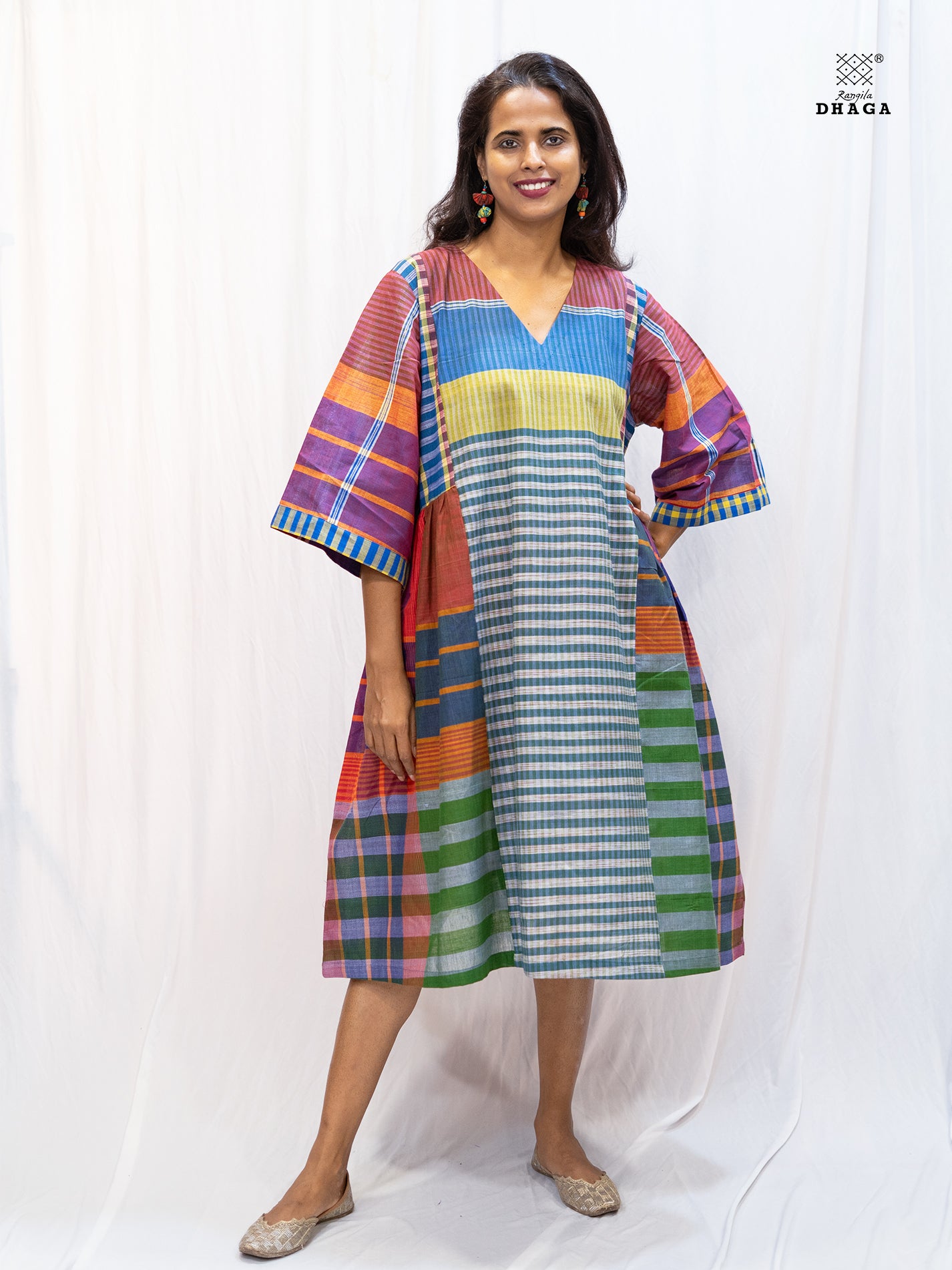 Multicolor Handloom Gamchha Free Size Dress with Pockets – Knee Length, Flared Fit D56