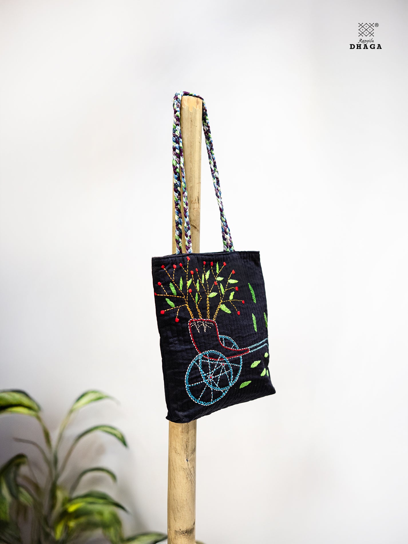 The Garden Cart – Hand Embroidered Tote Bag on Black Cotton (Bag20)