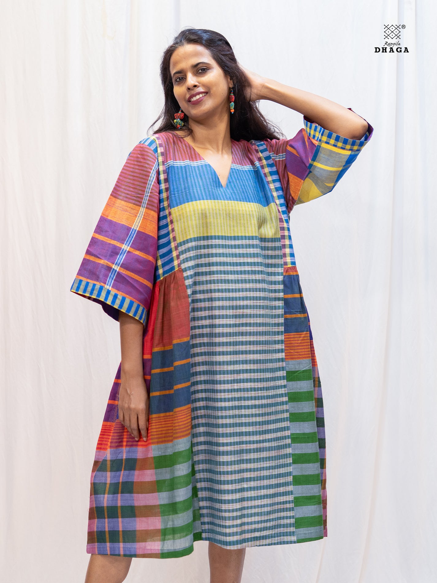 Multicolor Handloom Gamchha Free Size Dress with Pockets – Knee Length, Flared Fit D56