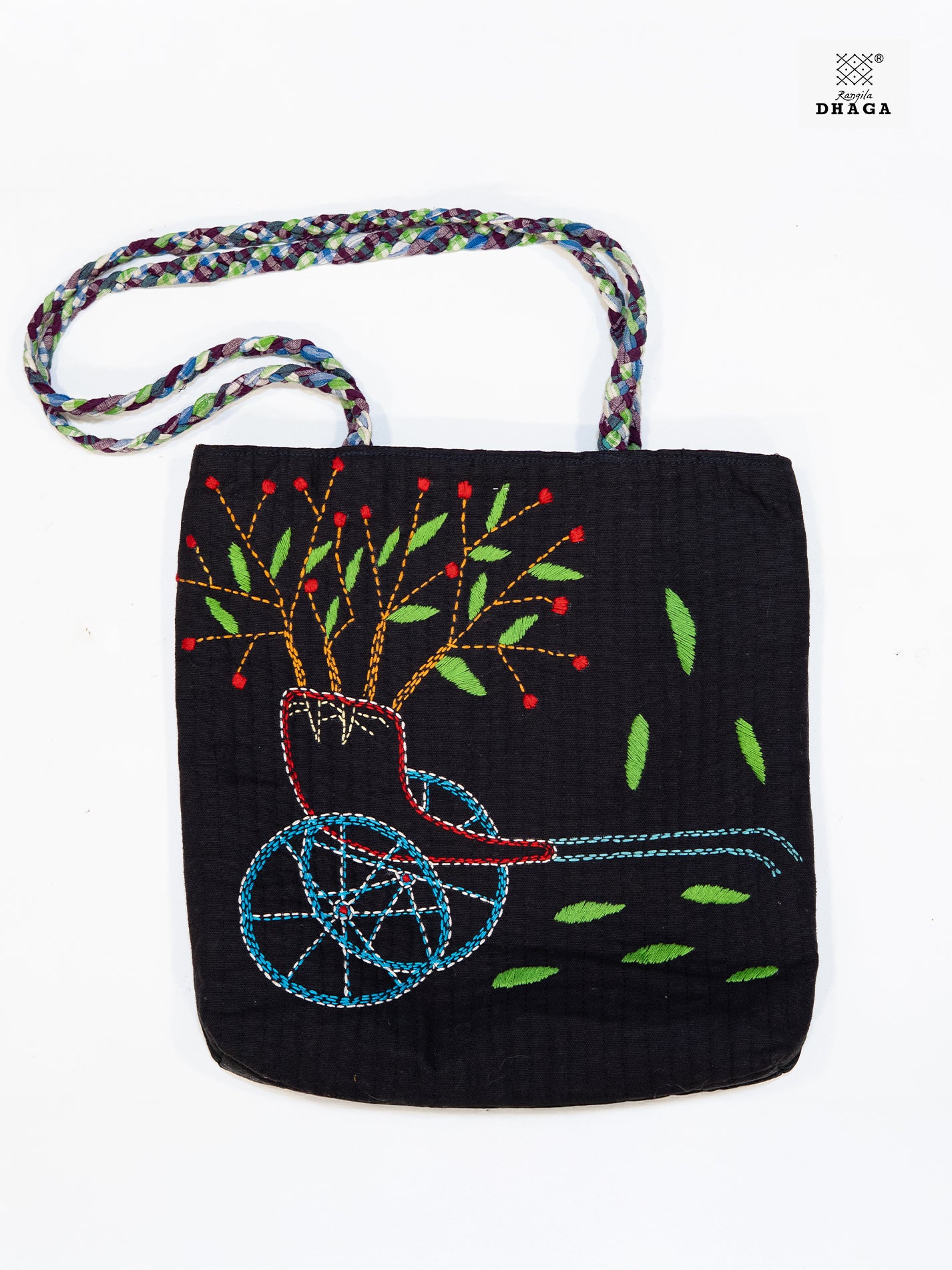 The Garden Cart – Hand Embroidered Tote Bag on Black Cotton (Bag20)