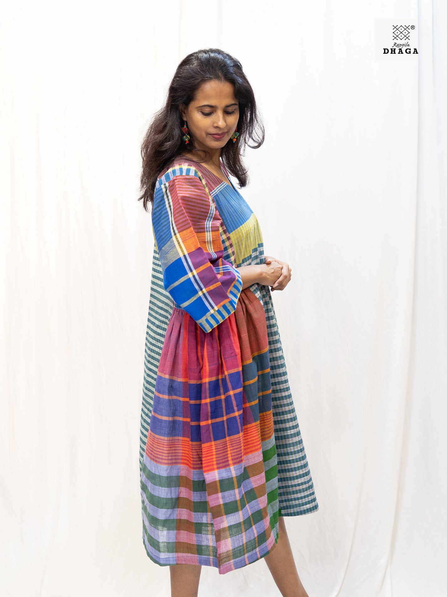 Multicolor Handloom Gamchha Free Size Dress with Pockets – Knee Length, Flared Fit D56