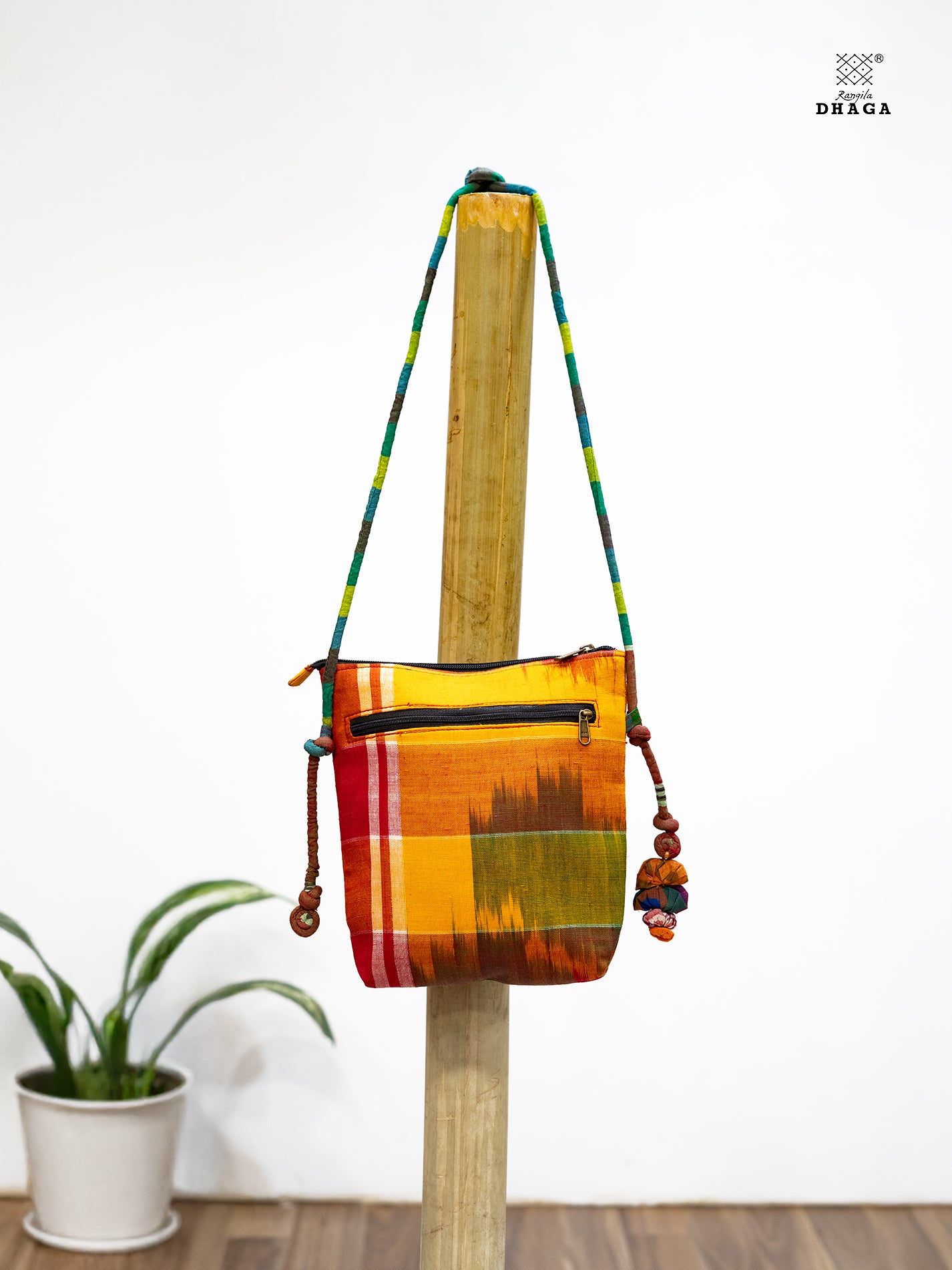 Sling Bag Gamcha Fashion Hand Embroided Green SL10