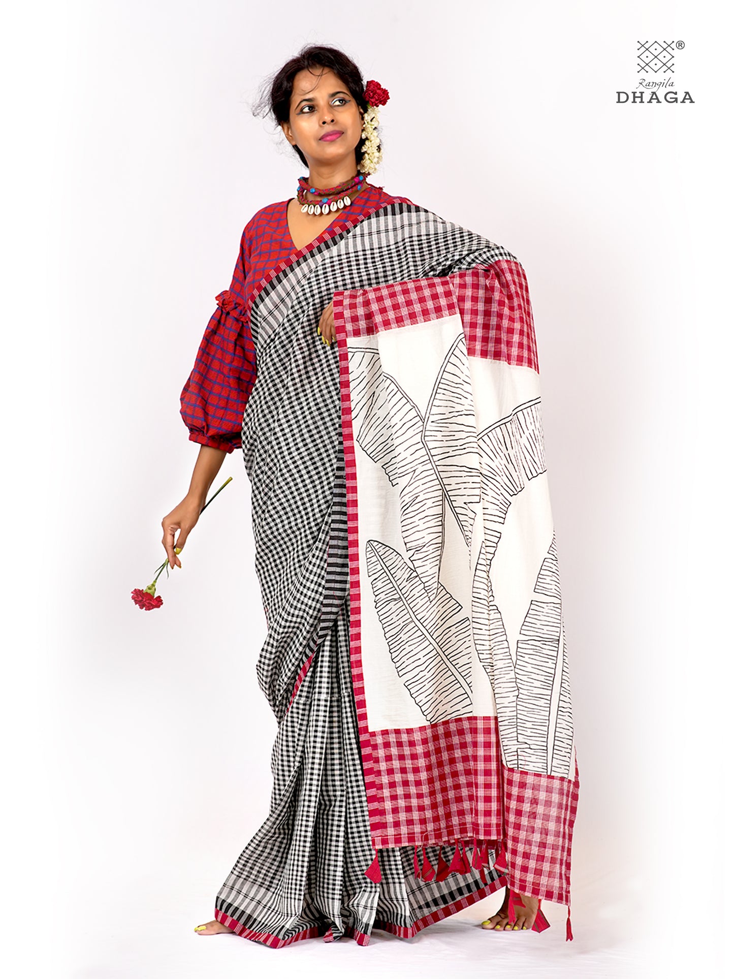 Handpainted Banana Flower & Leaf Pallu Handloom Gamcha Patchwork Saree | Signature Design by Kalpana Das | Includes Blouse Piece GS128