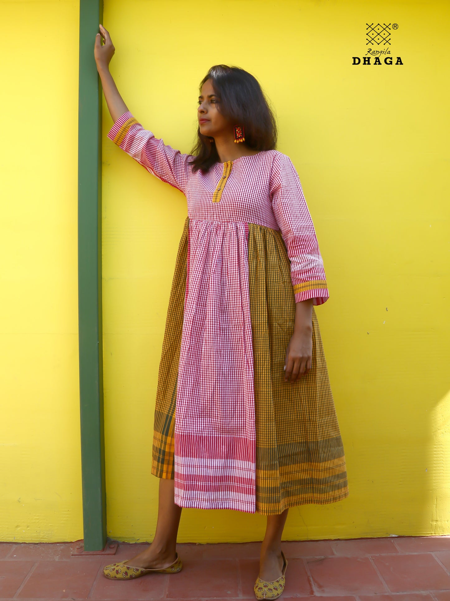 Dress Gamcha Fashion Handloom Cotton Fabric Red & Yellow Check D30