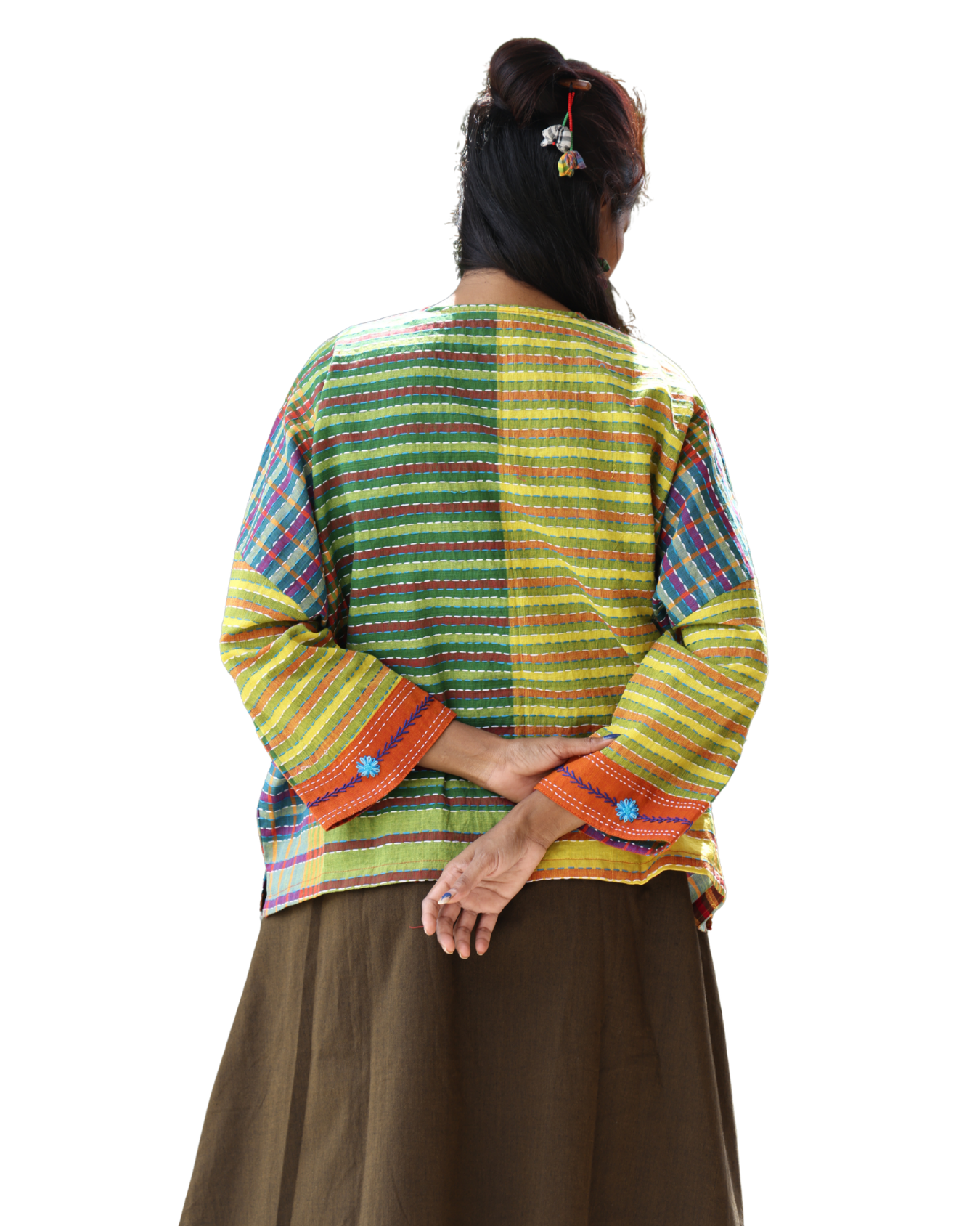 Hand Embroidered Kantha Stitch Gamcha Free Size Short Jacket with Floral Border- JACKET03