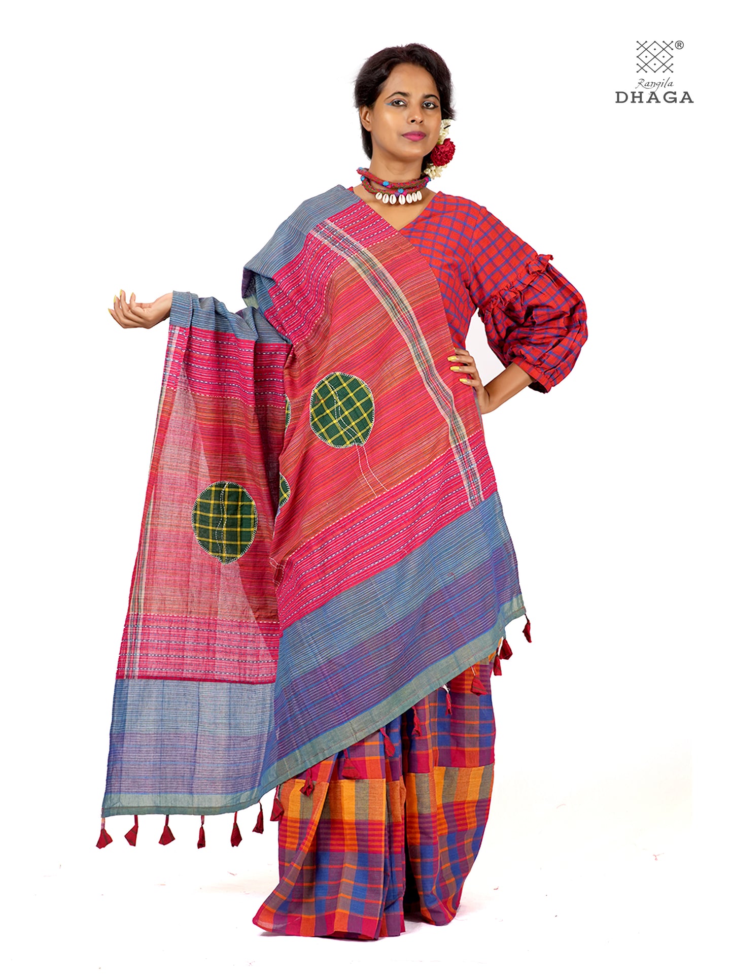Hand Embroidered Kantha & Appliqué Bird Handloom Gamcha Patchwork Saree | Signature Design by Kalpana Das | Rangila Dhaga| Includes Blouse Piece GS130