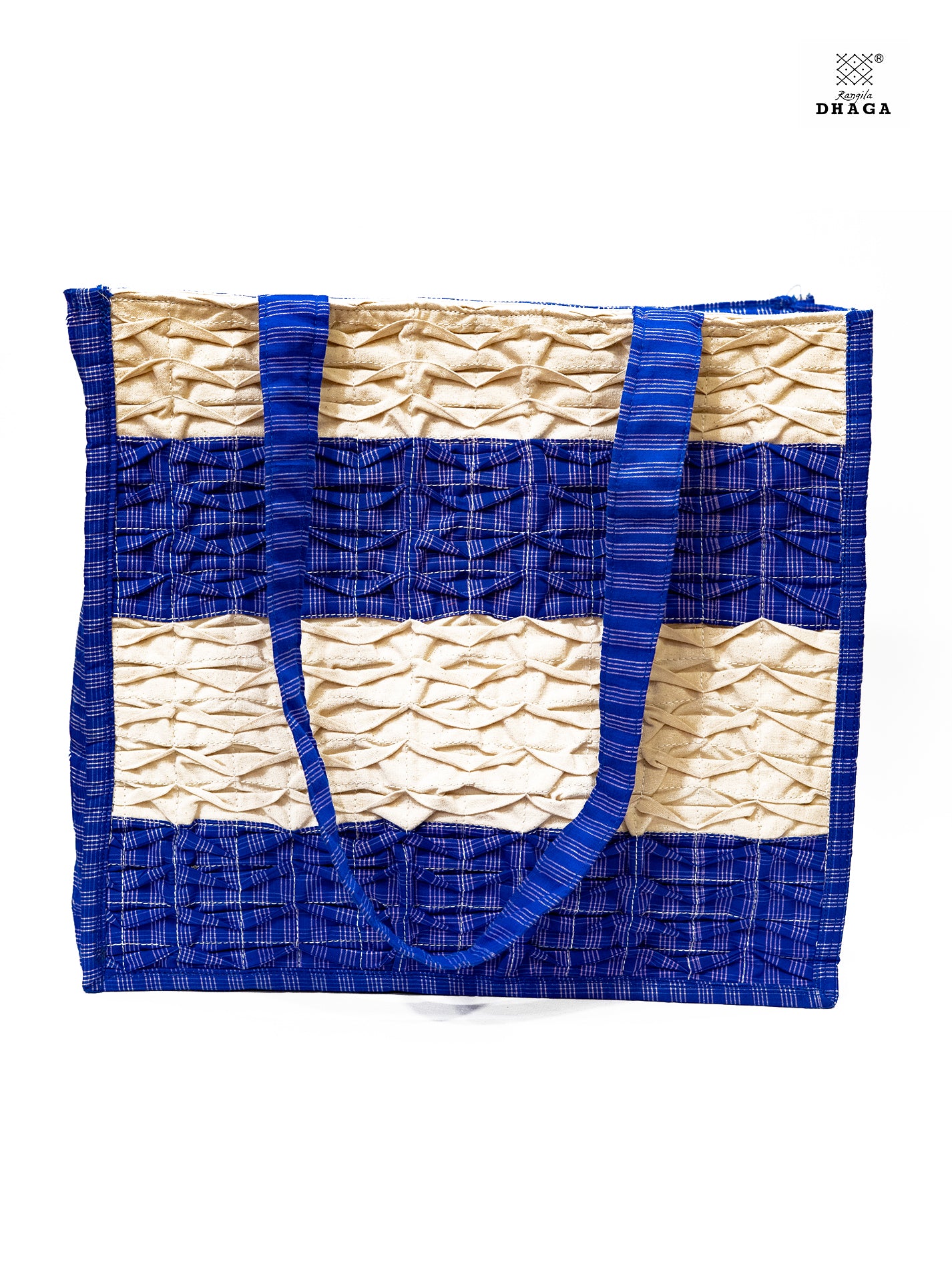 Gamcha Drapari Wrinkle Tote Bag – Handcrafted Cotton with 3 Zip Pockets Blue & Offwhite BAG19