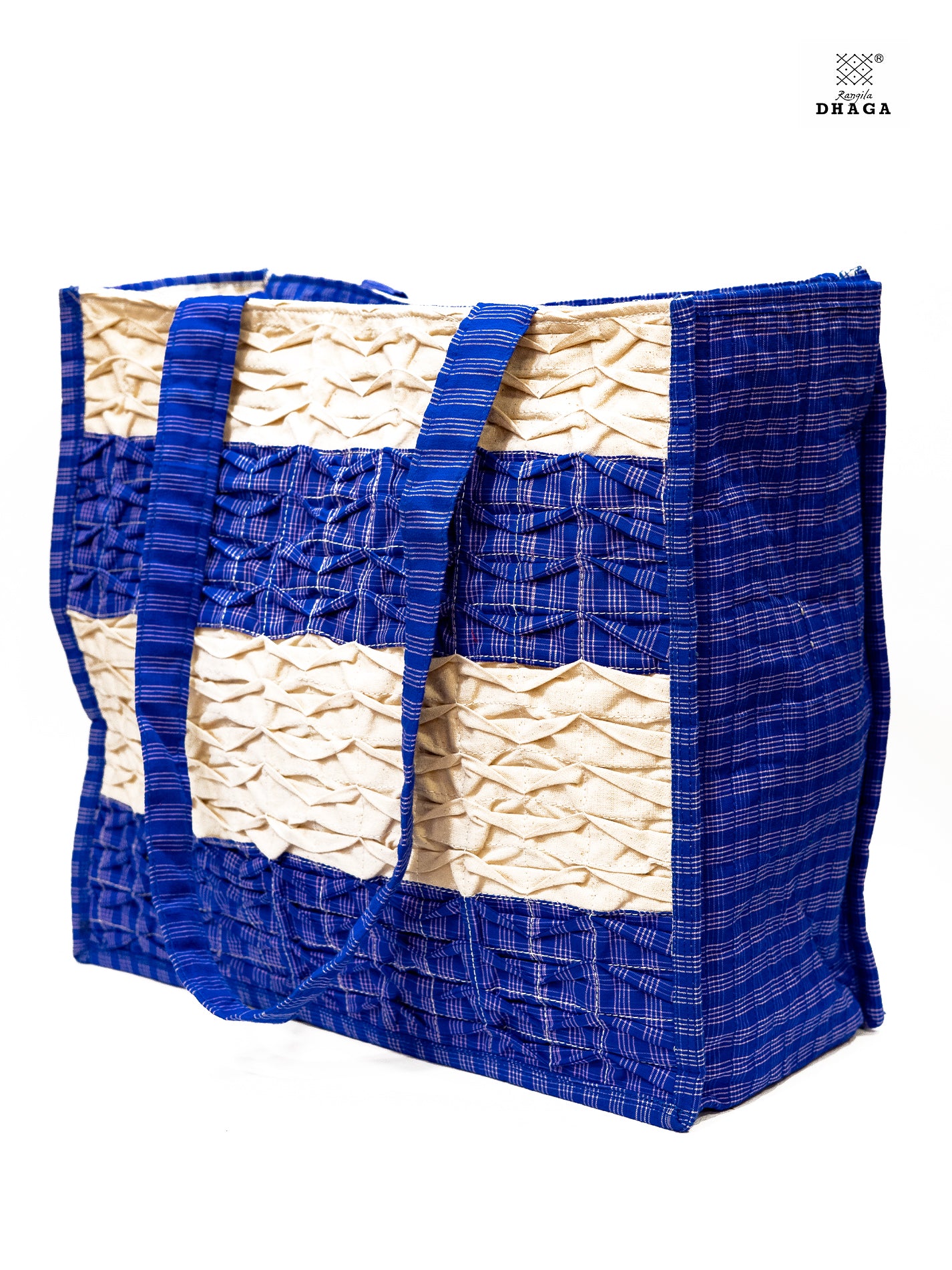 Gamcha Drapari Wrinkle Tote Bag – Handcrafted Cotton with 3 Zip Pockets Blue & Offwhite BAG19
