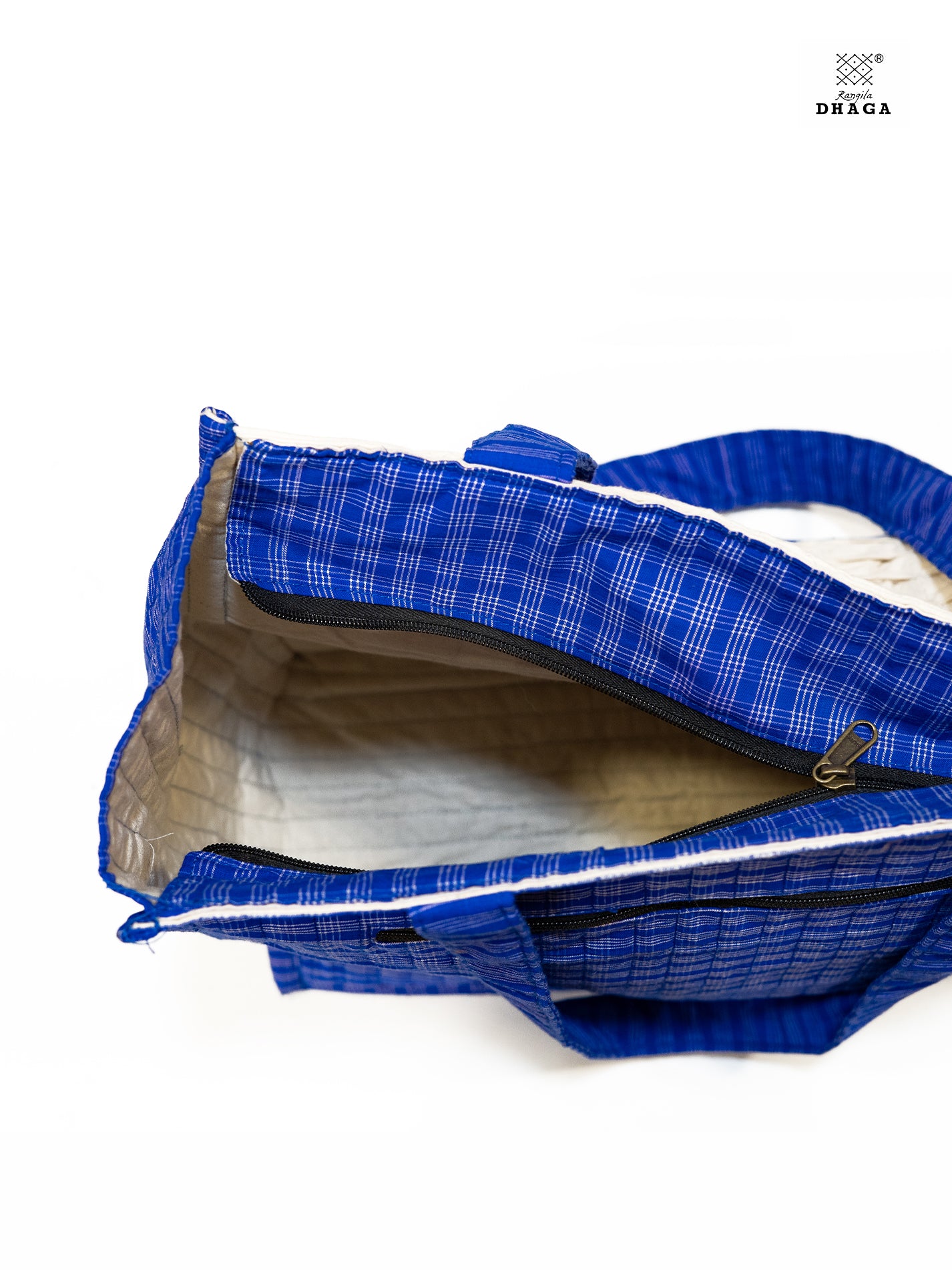 Gamcha Drapari Wrinkle Tote Bag – Handcrafted Cotton with 3 Zip Pockets Blue & Offwhite BAG19
