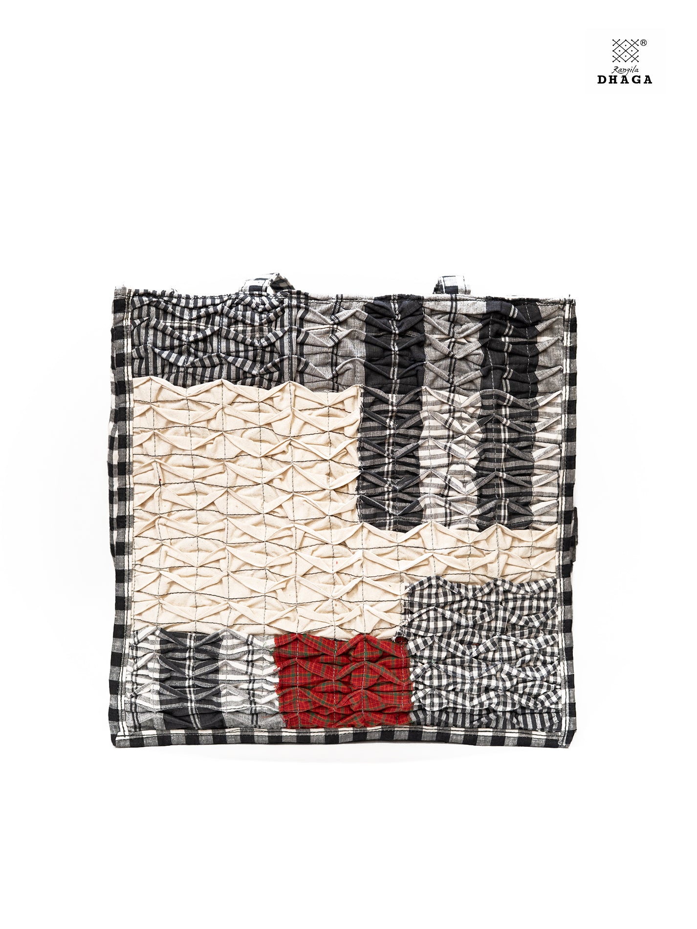 Gamcha Drapari Wrinkle Tote Bag – Handcrafted Cotton with 3 Zip Pockets Red Black white BAG17