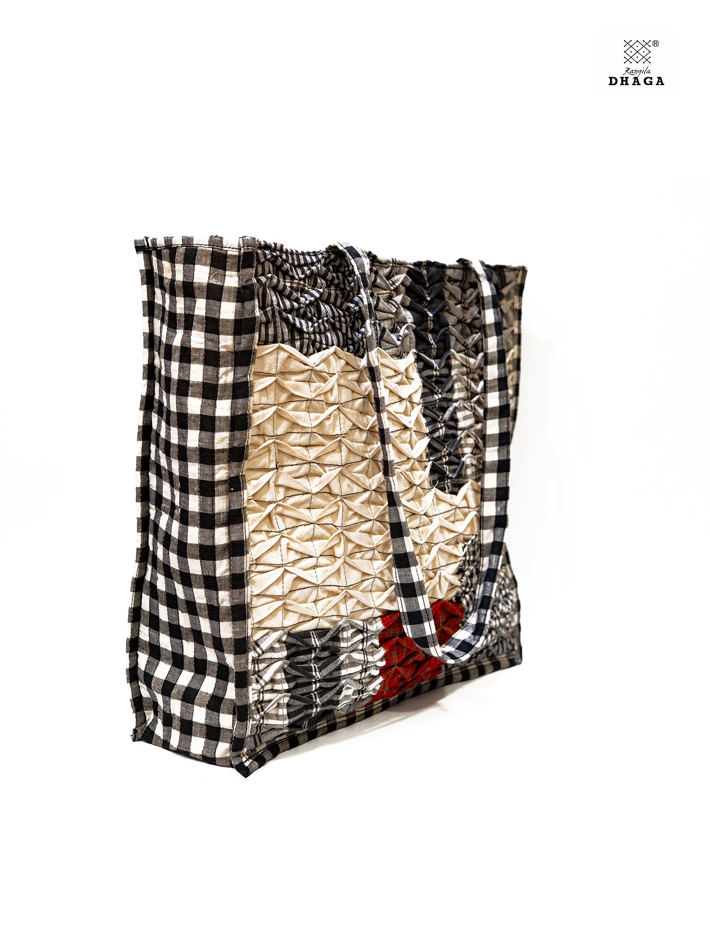 Gamcha Drapari Wrinkle Tote Bag – Handcrafted Cotton with 3 Zip Pockets Red Black white BAG17