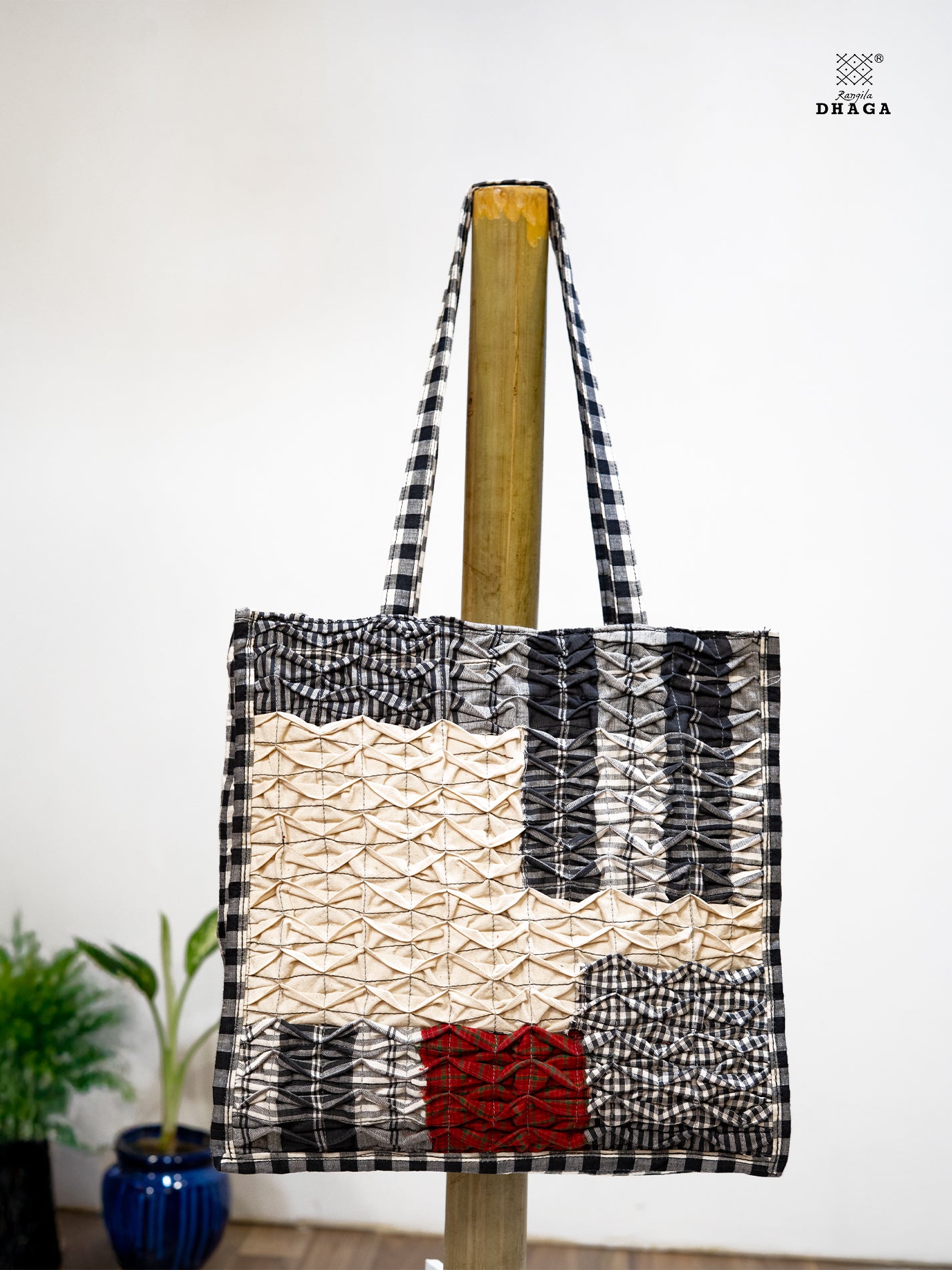 Gamcha Drapari Wrinkle Tote Bag – Handcrafted Cotton with 3 Zip Pockets Red Black white BAG17
