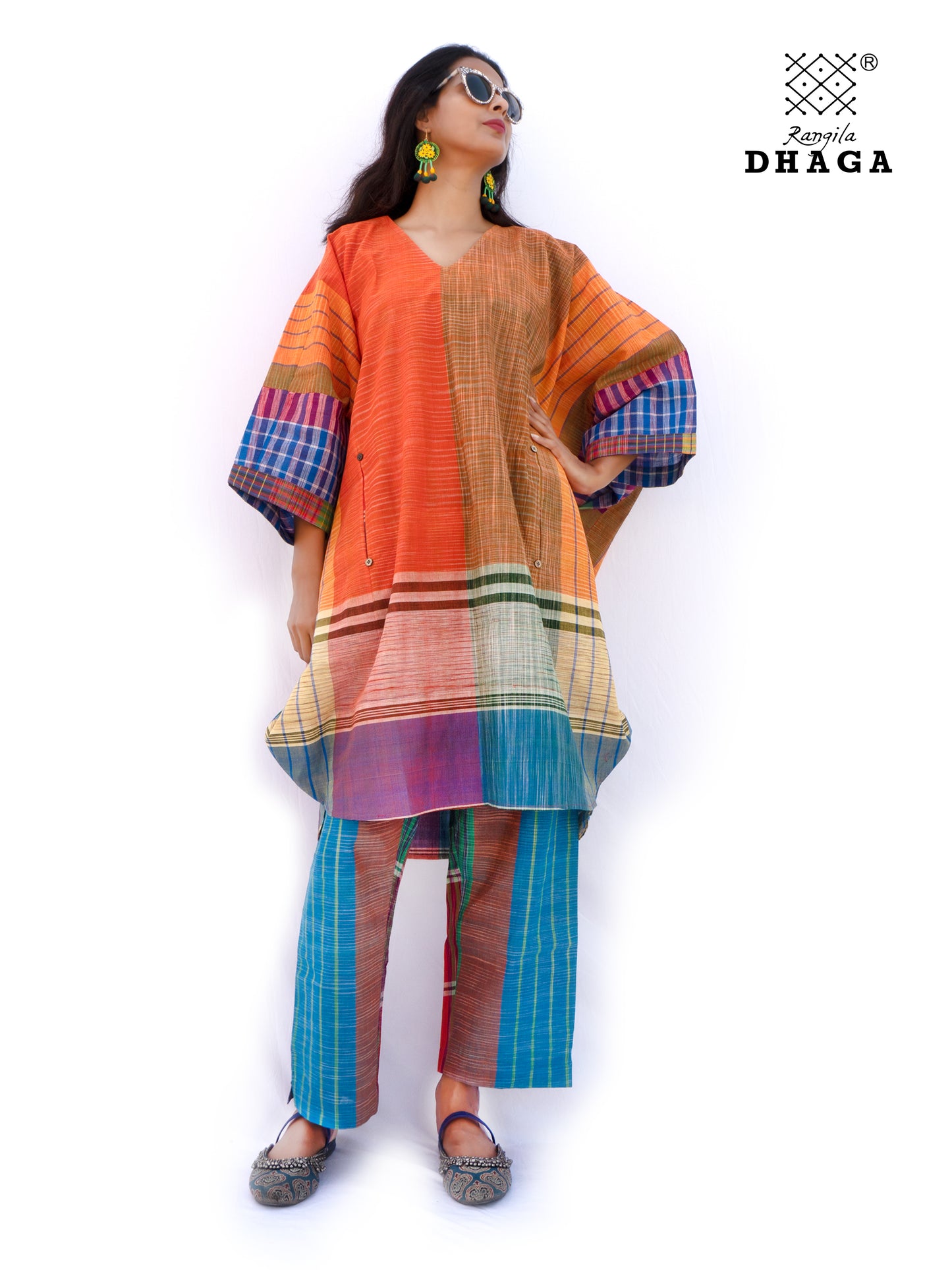 Kaftan Dress Long Free Size Gamcha Fashion Handloom Cotton (Orange and Yellow ) SHR102