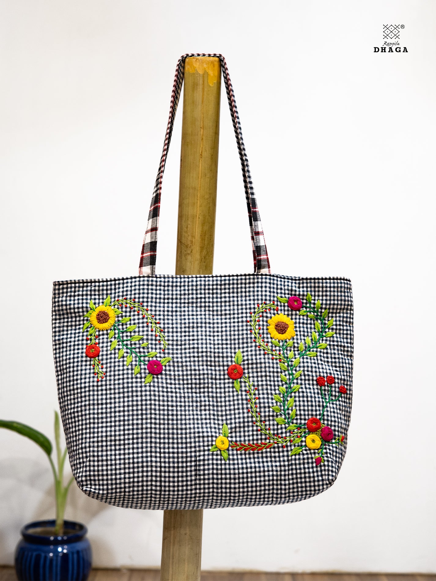 Hand-Embroidered Black & White Gamcha Tote Bag – Floral Harmony Bag22