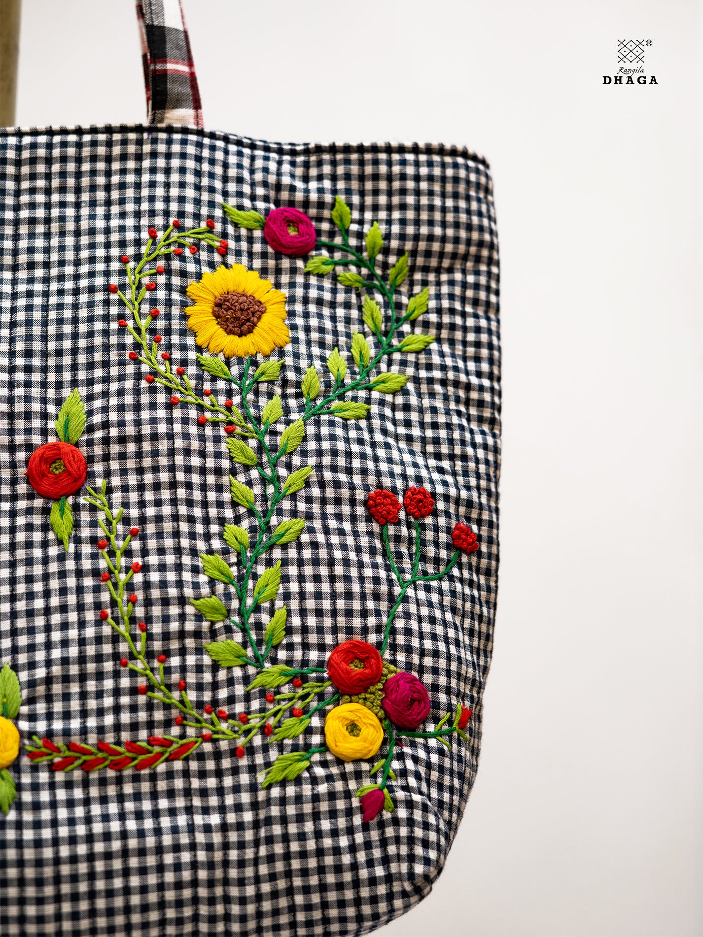 Hand-Embroidered Black & White Gamcha Tote Bag – Floral Harmony Bag22