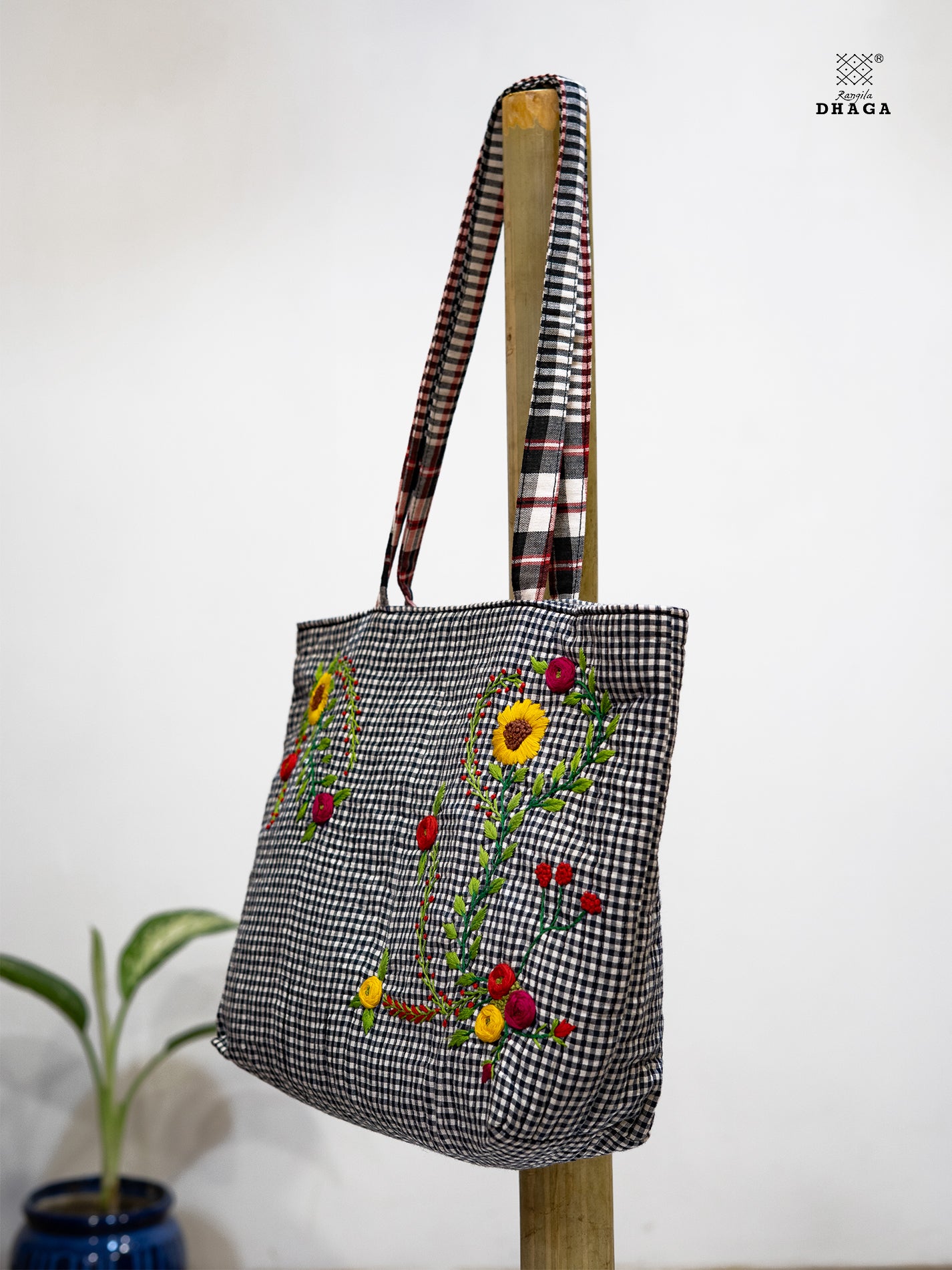 Hand-Embroidered Black & White Gamcha Tote Bag – Floral Harmony Bag22