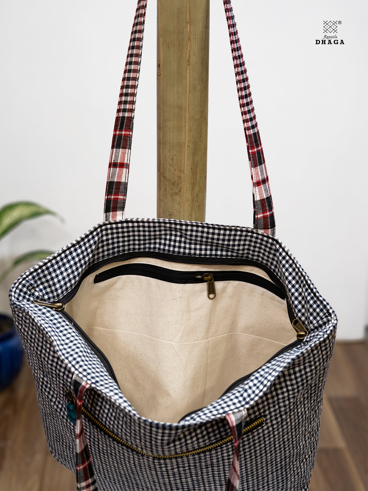 Hand-Embroidered Black & White Gamcha Tote Bag – Floral Harmony Bag22