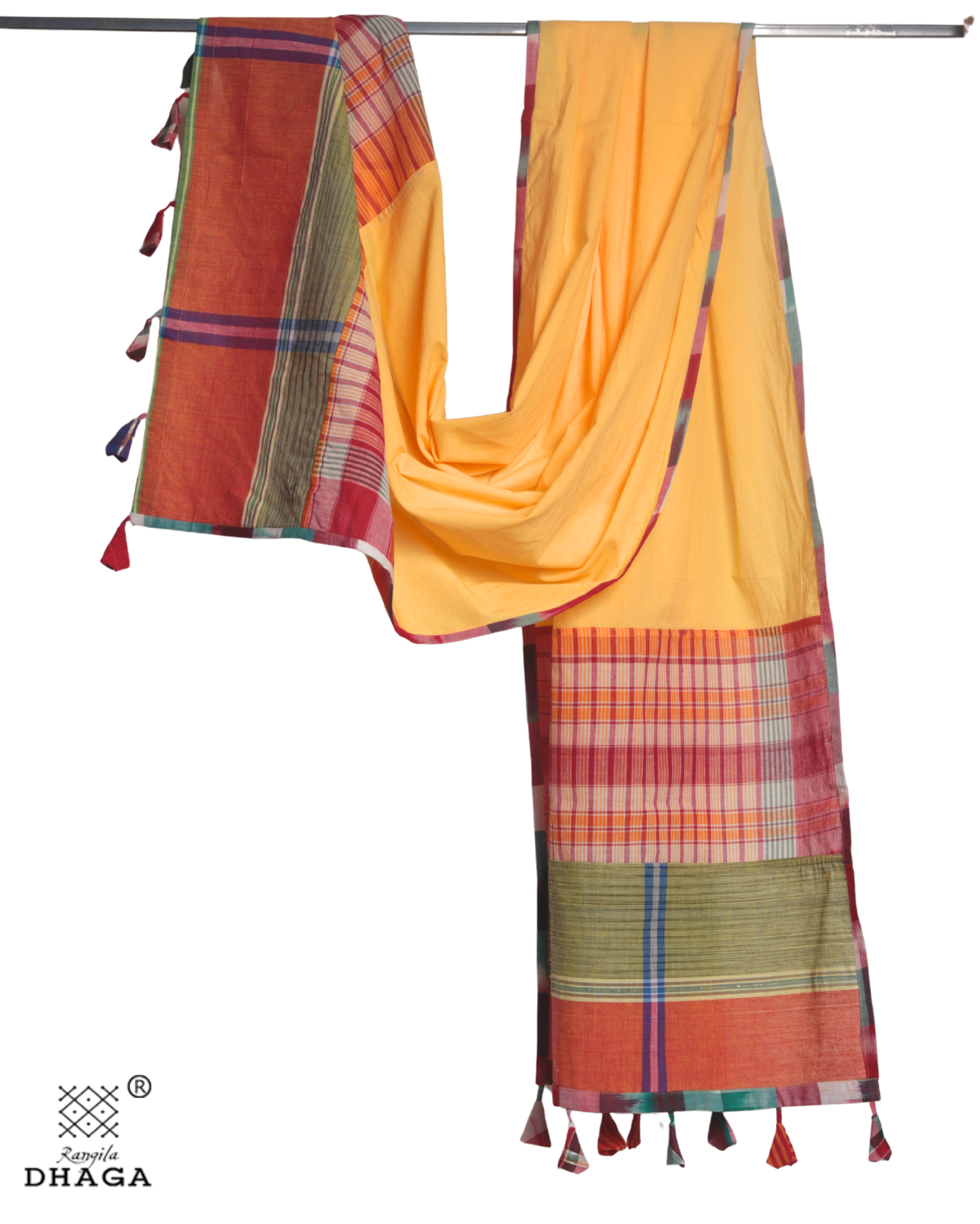 Rangila Dhaga Sunlit Mustard Gamcha Dupatta with Multicolor Borders & Tassels – Handwoven Cotton (2.5m) GD006