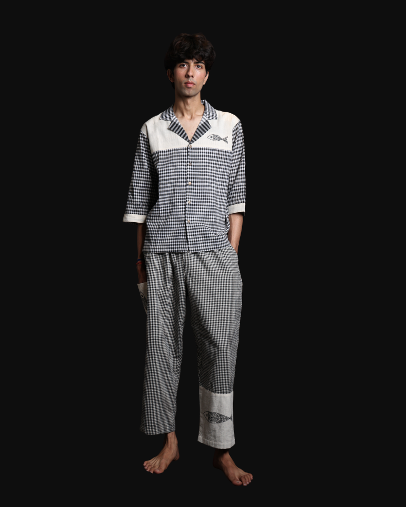 Men’s Handpainted Black & White Check Gamcha Cotton Pants