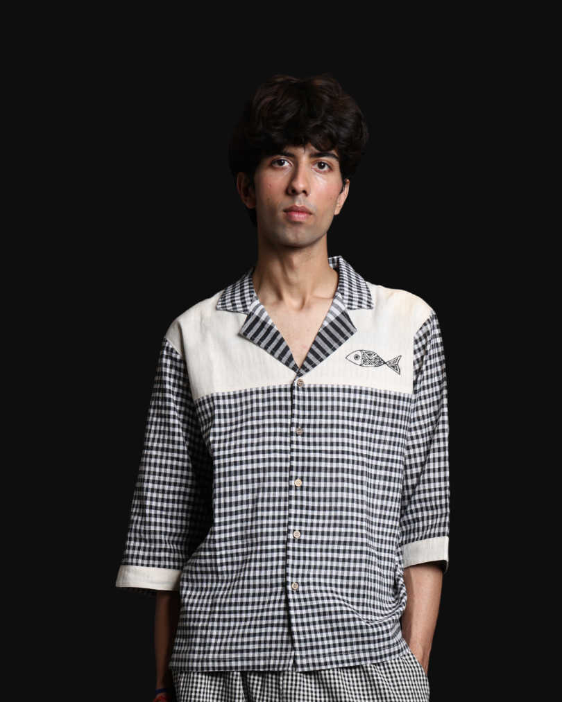 Unisex Handpainted Black & White Check Gamcha Cotton Shirt