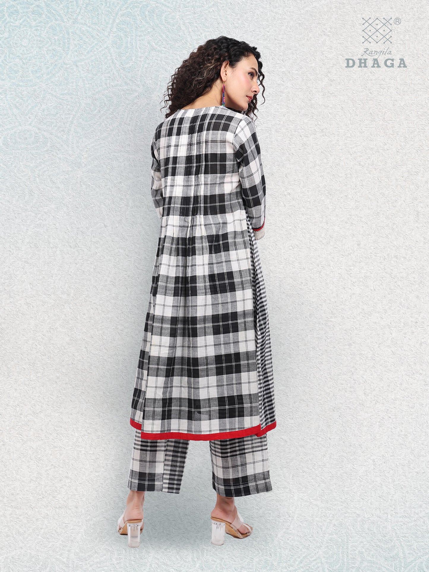 Hand-Embroidered Multicolor Gamcha Cotton Dress – 2 Pockets Black & White D50