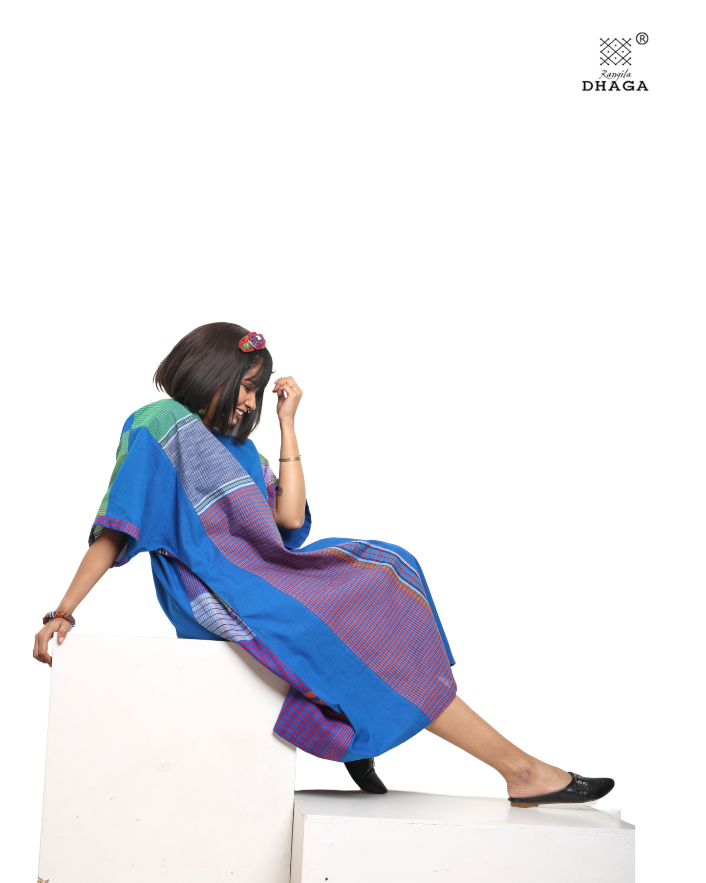 Handloom Blue Cotton Multicolor Gamcha Patchwork Dress- KD03