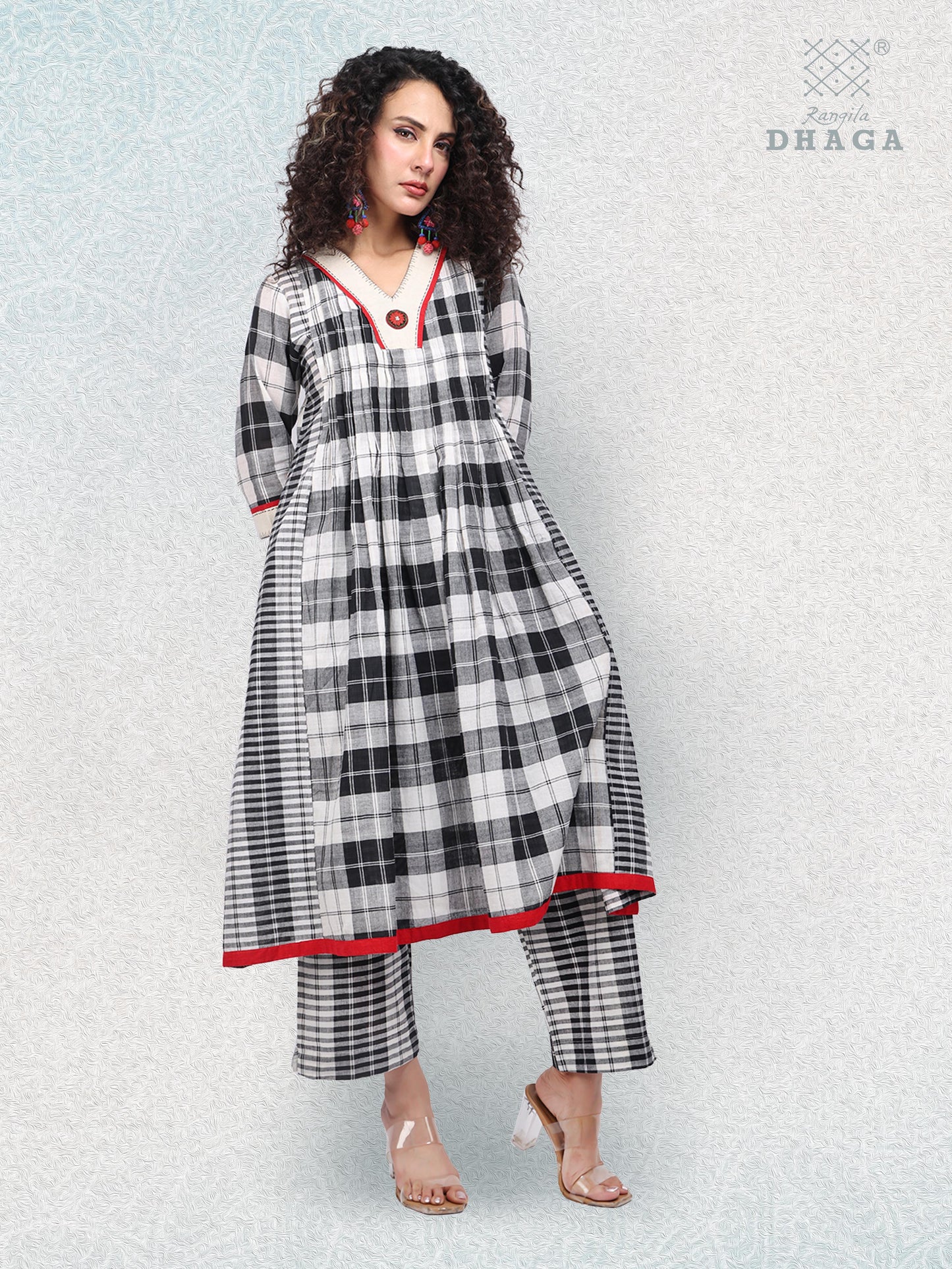 Hand-Embroidered Multicolor Gamcha Cotton Dress – 2 Pockets Black & White D50