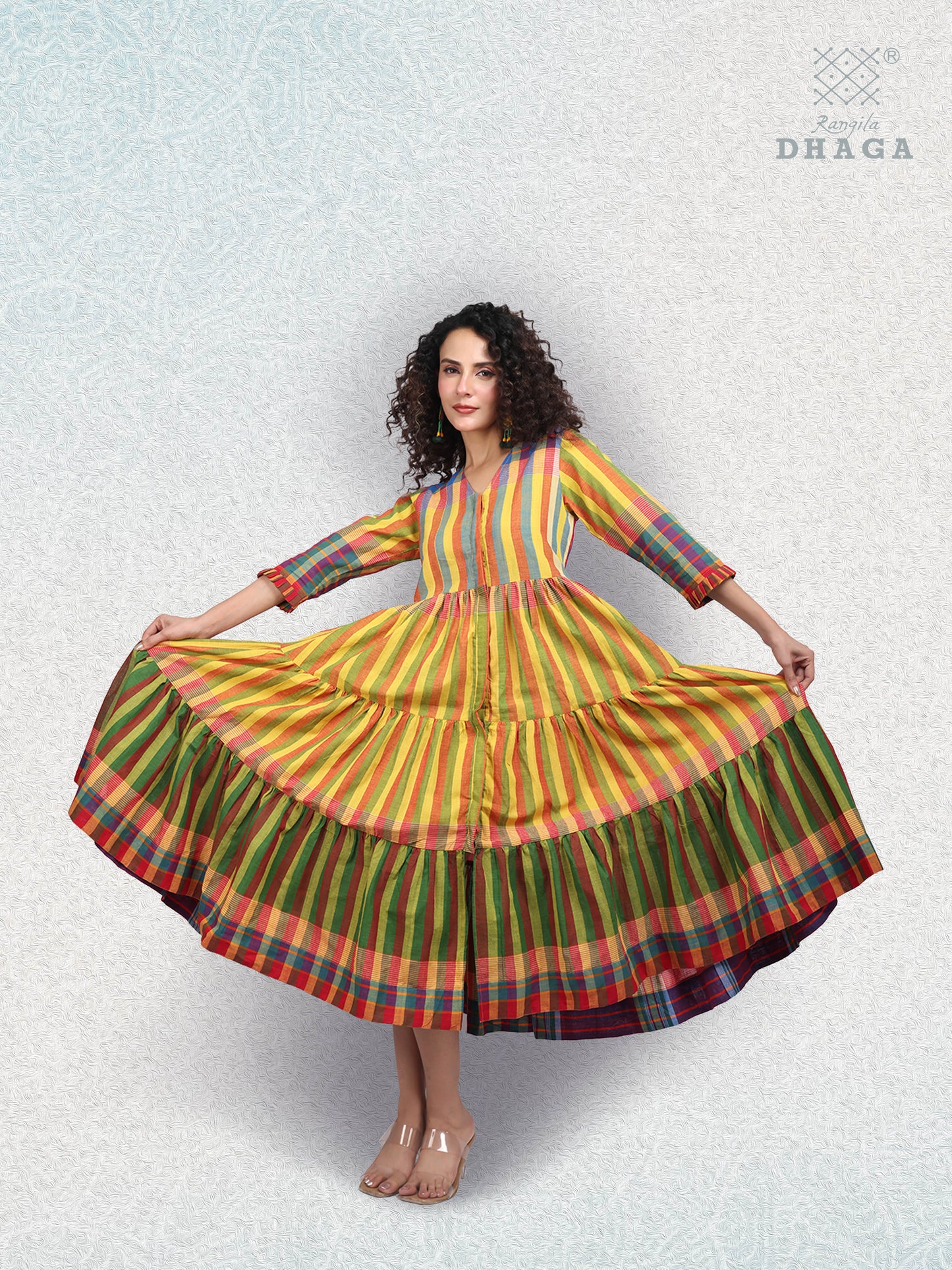 Handloom Cotton Multicolor Striped Flared Yellow Dress cum Open Shrug – Rangila Dhaga D51