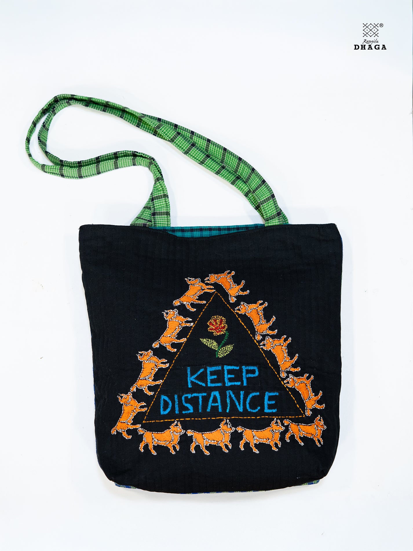Handcrafted Gamcha Tote Bag – "Keep Distance" Embroidery With Zipper Pocket Bag21
