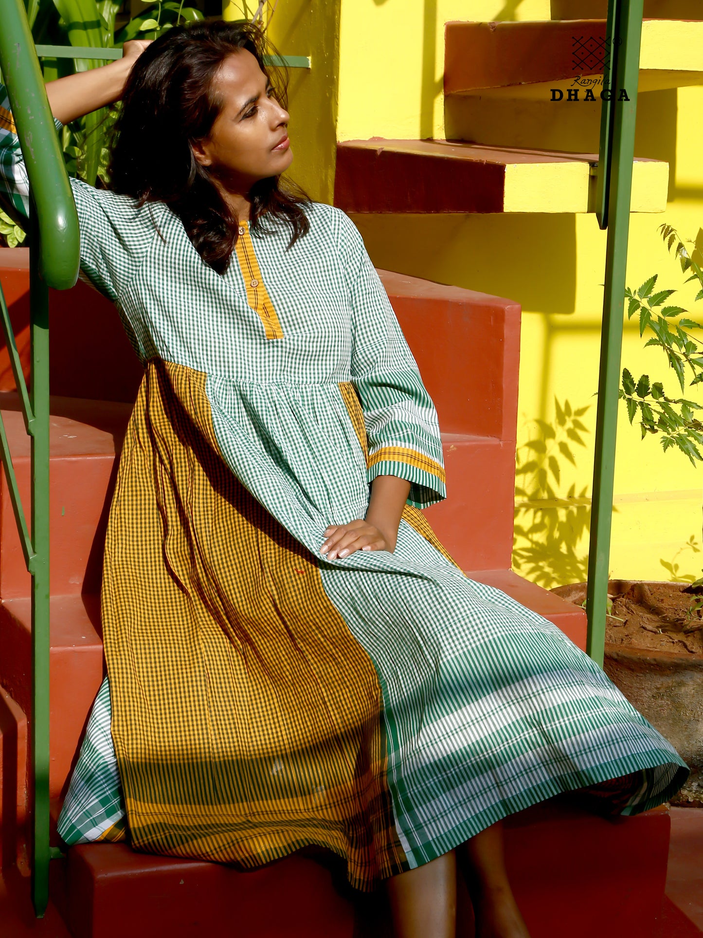 Dress Gamcha Fashion Handloom Cotton Fabric Green & Yellow Check D31