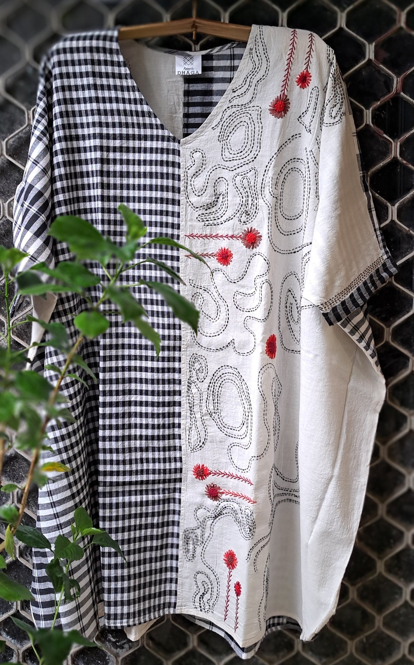 Hand Embroidered Gamcha Cotton Kaftan Dress (White) D065