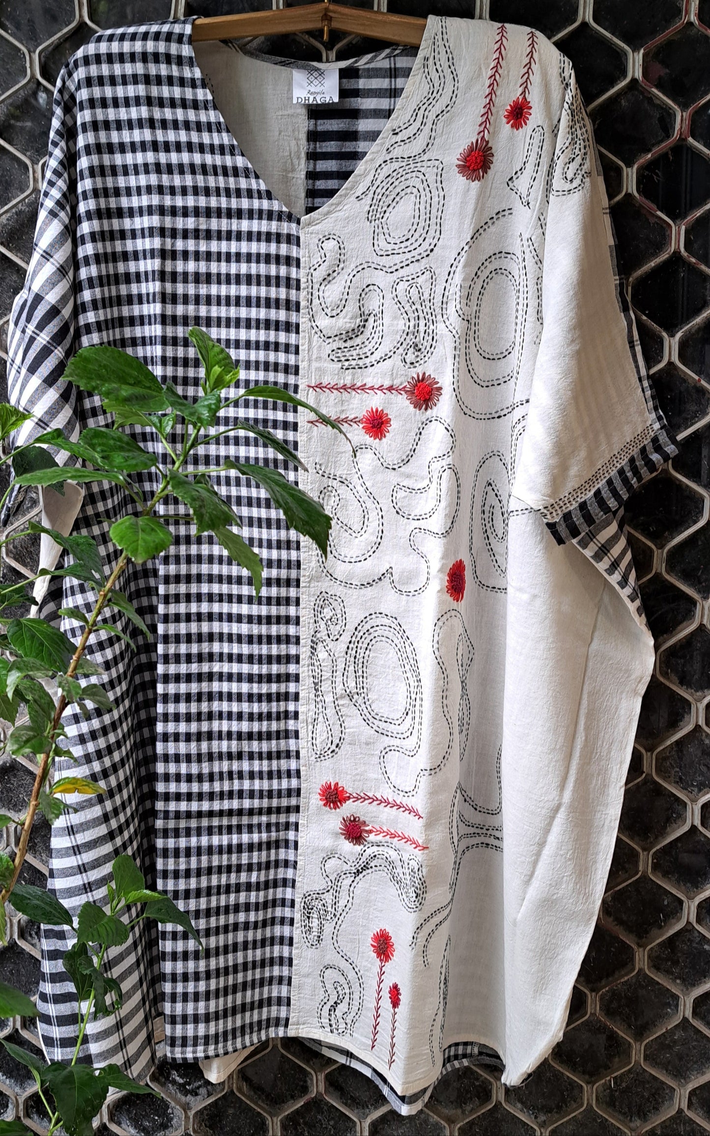 Hand Embroidered Gamcha Cotton Kaftan Dress (White) D065