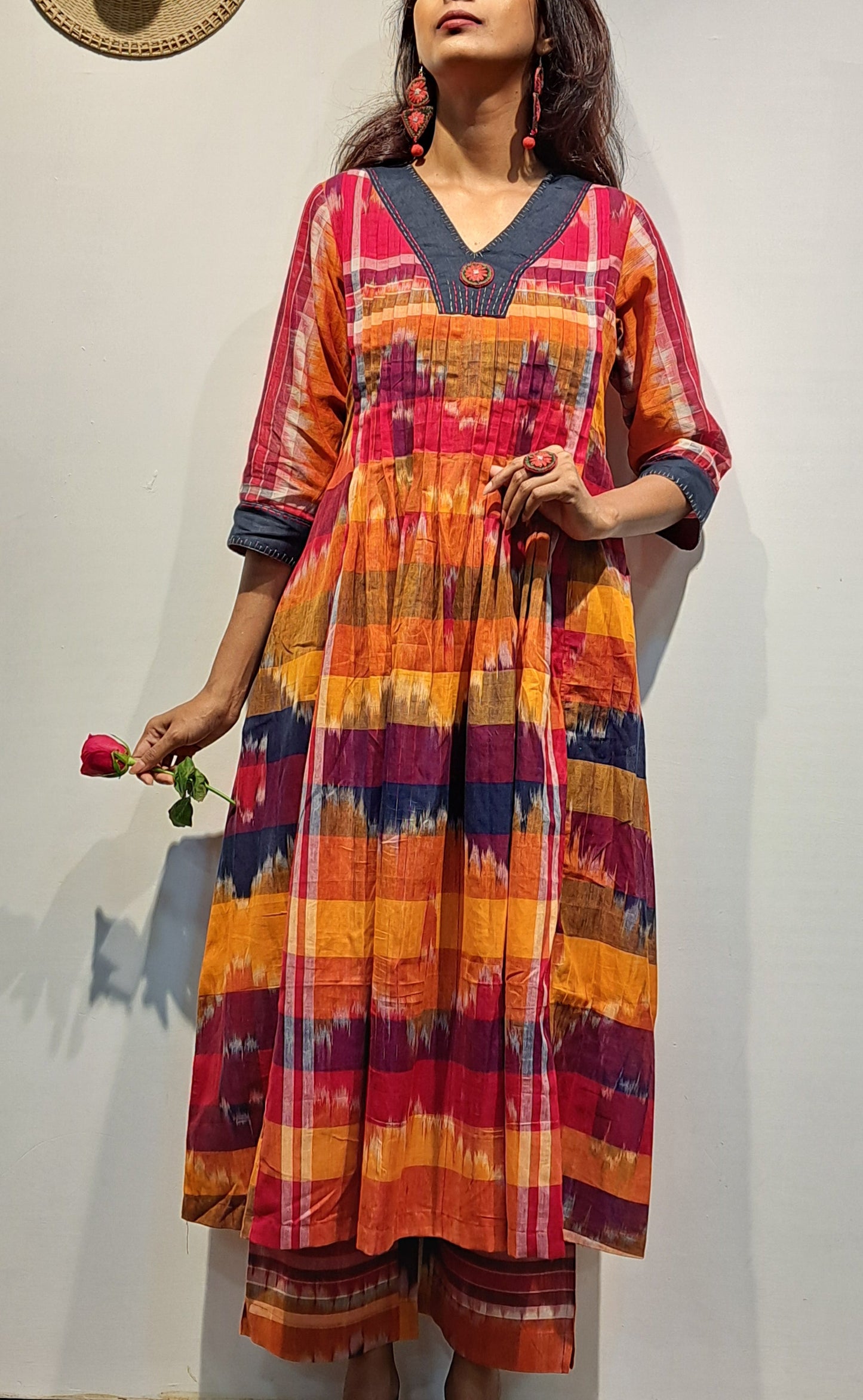 Hand-Embroidered Multicolor Gamcha Cotton Dress – Kotki (ikkat)  2 Pockets Red D45