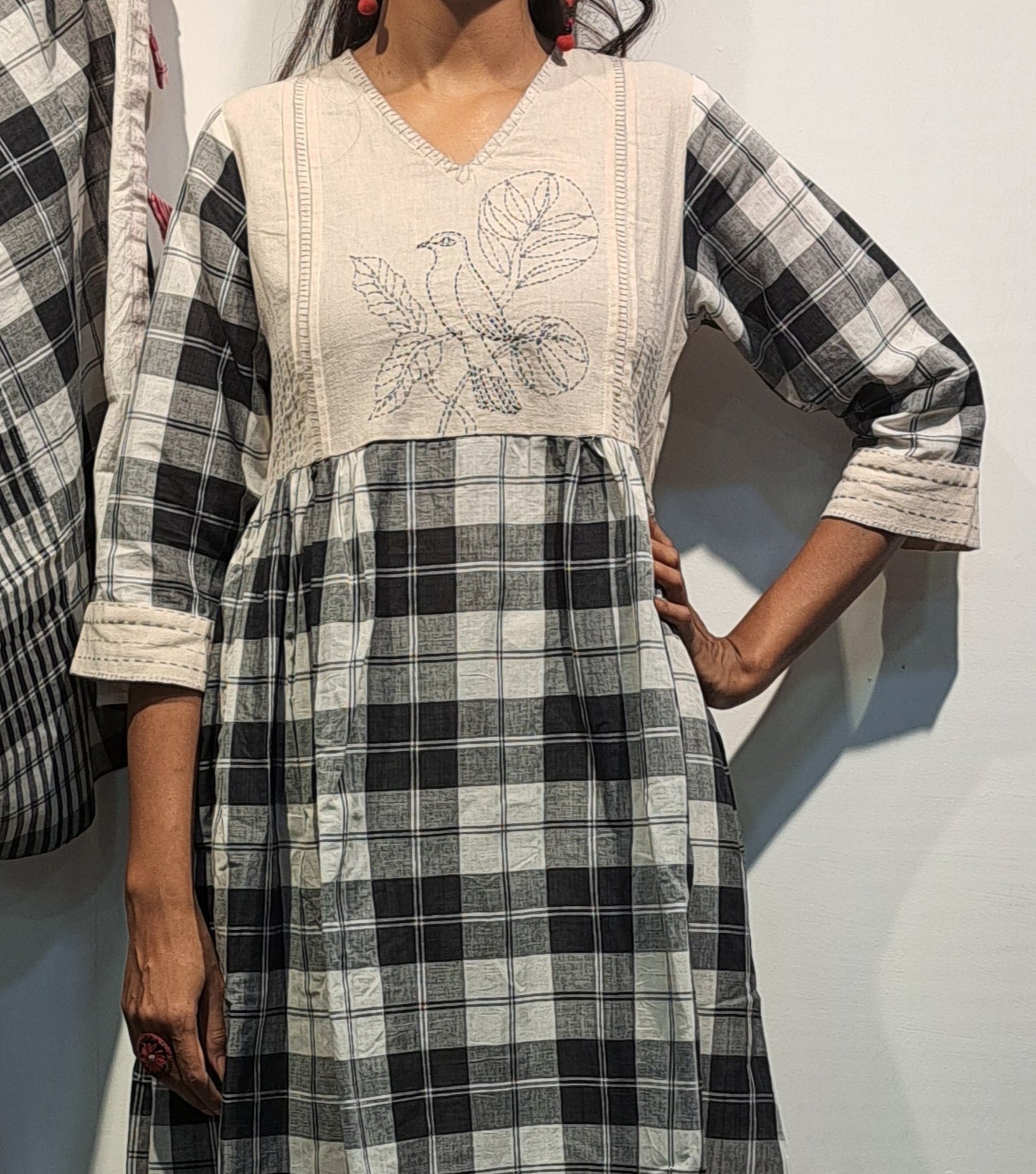 Monochrome Charm – Handloom Checkered Cotton Dress with Embroidered Bird & Pockets D43