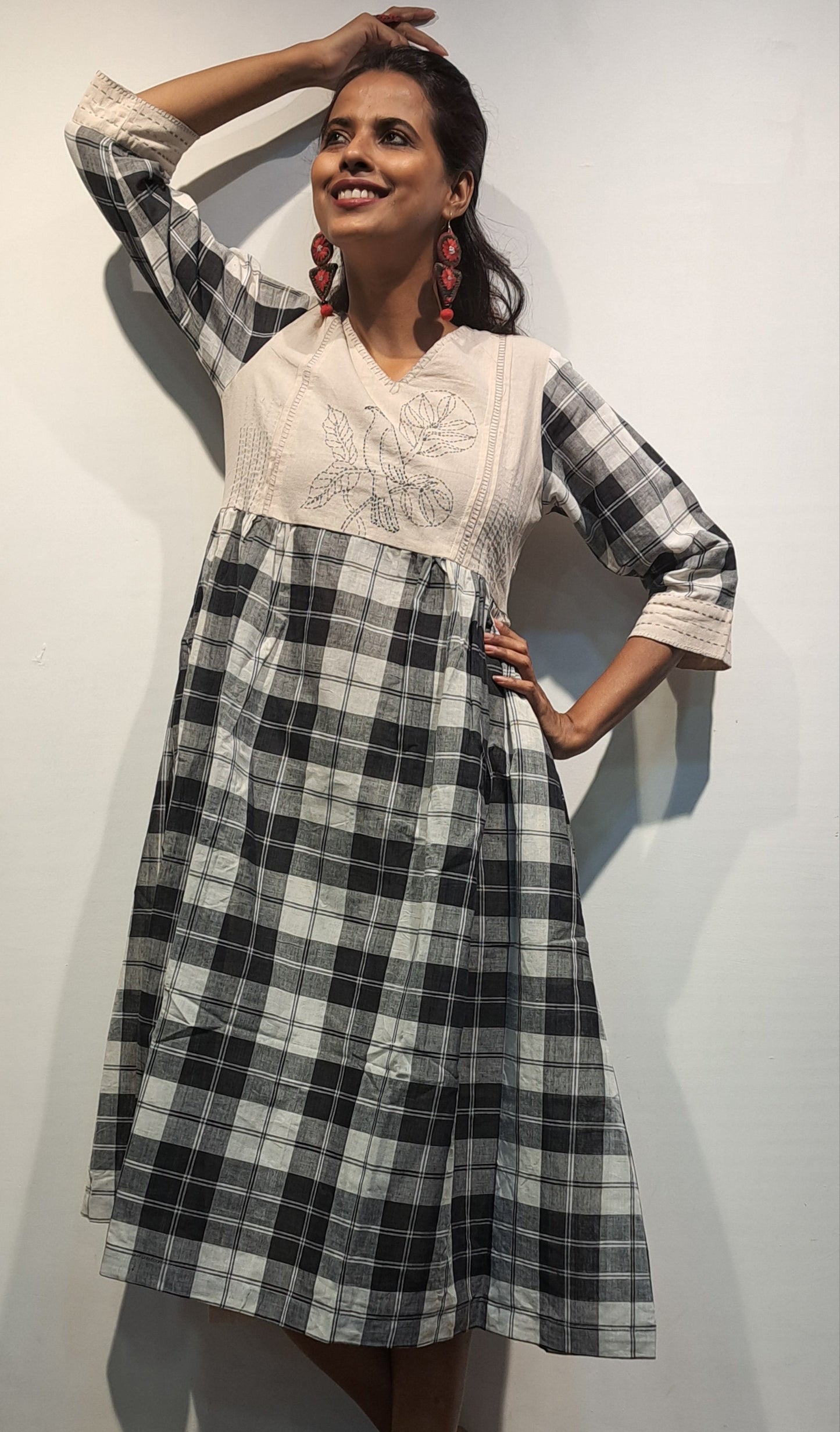 Monochrome Charm – Handloom Checkered Cotton Dress with Embroidered Bird & Pockets D43