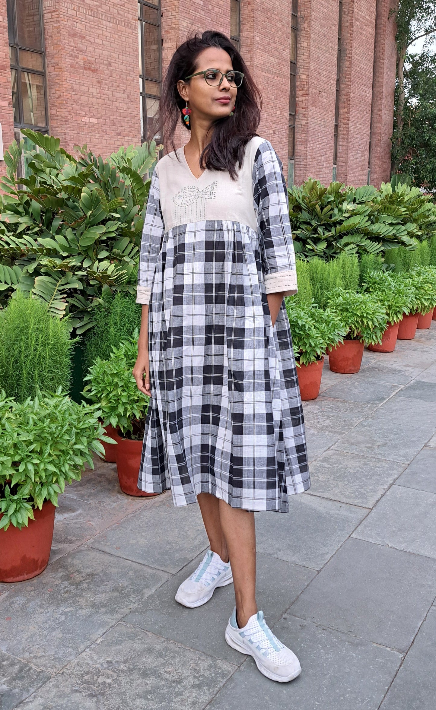 Monochrome Charm – Handloom Checkered Cotton Dress with Embroidered Fish & Pockets D42