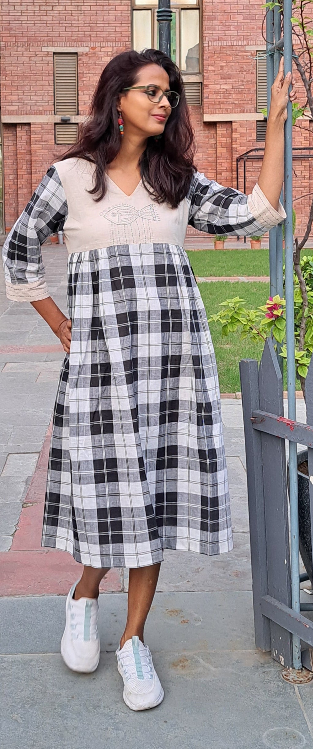 Monochrome Charm – Handloom Checkered Cotton Dress with Embroidered Fish & Pockets D42
