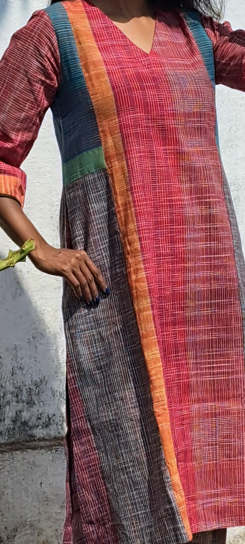 Kurta with pant for Women Gamcha Fashion Handloom Cotton Fabric White and Green Check D45