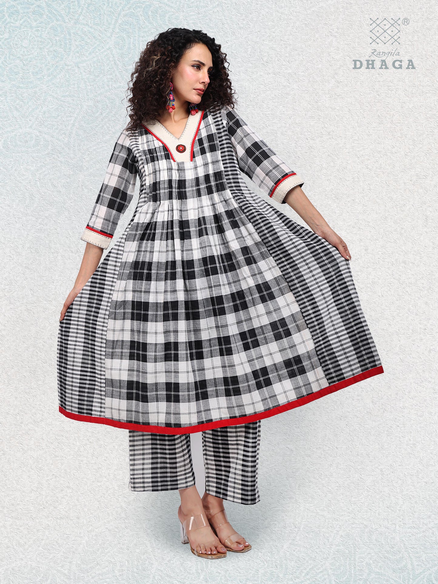 Hand-Embroidered Multicolor Gamcha Cotton Dress – 2 Pockets Black & White D50