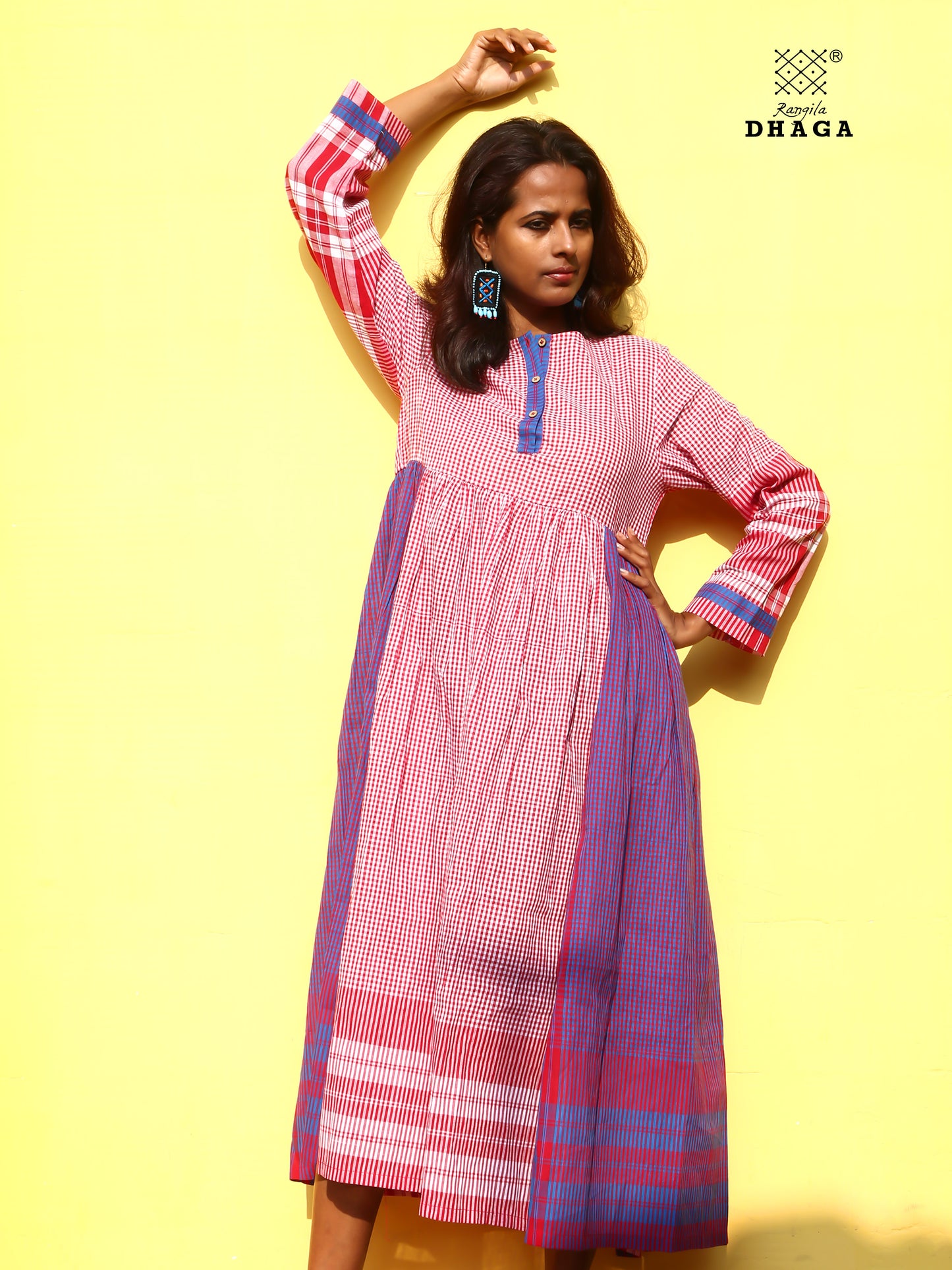 Dress Gamcha Fashion Handloom Cotton Fabric Red & Blue Check D32