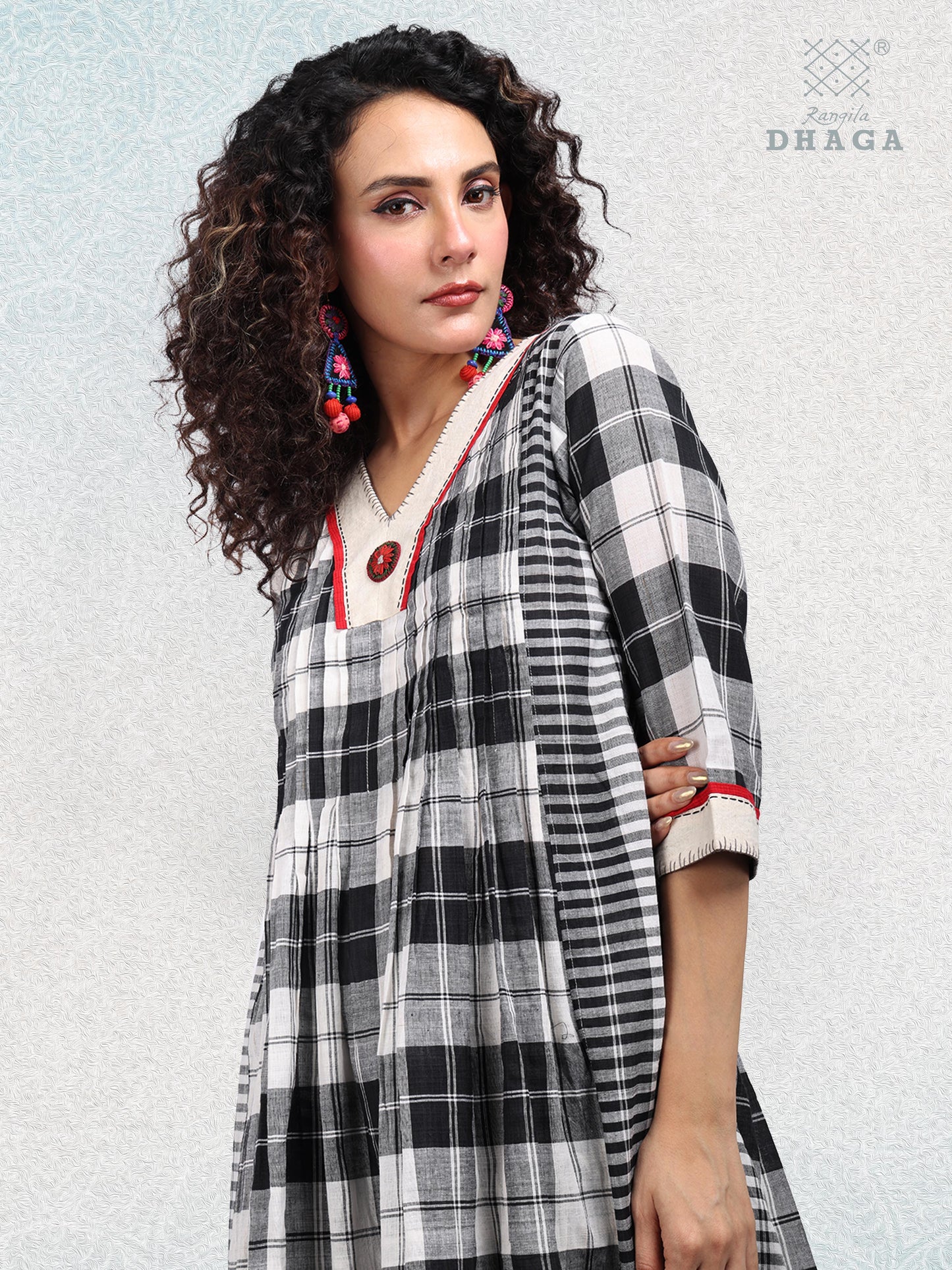 Hand-Embroidered Multicolor Gamcha Cotton Dress – 2 Pockets Black & White D50