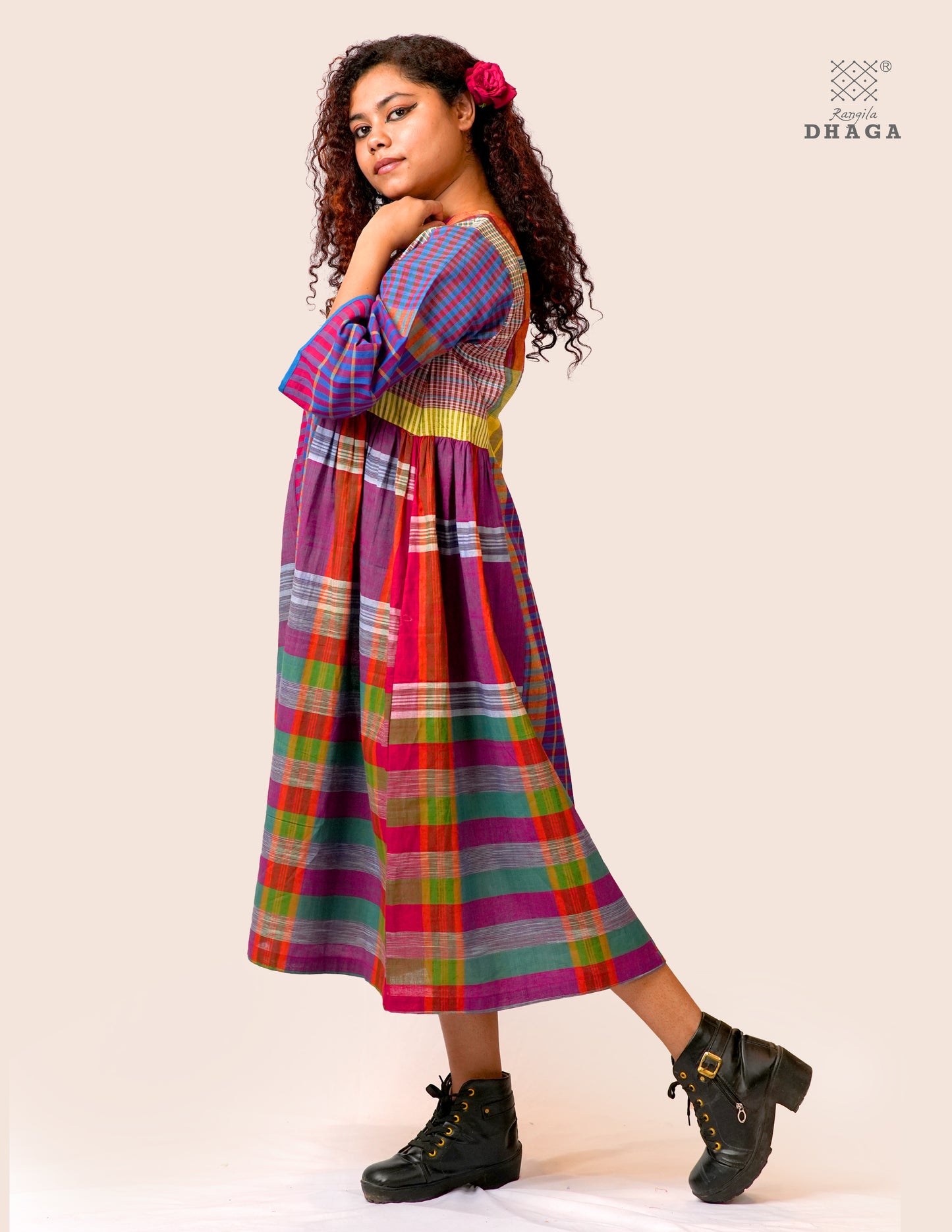 Hand Embroidered Multicolor Handloom Gamcha Dress | Artisan Cotton Dress | Rangila Dhaga | Rangila Dhaga KD003