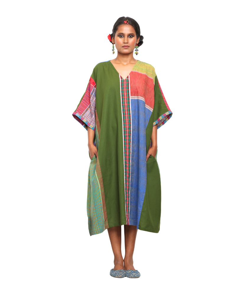 Handloom Green Cotton Multicolor Gamcha Patchwork Dress with Pockets