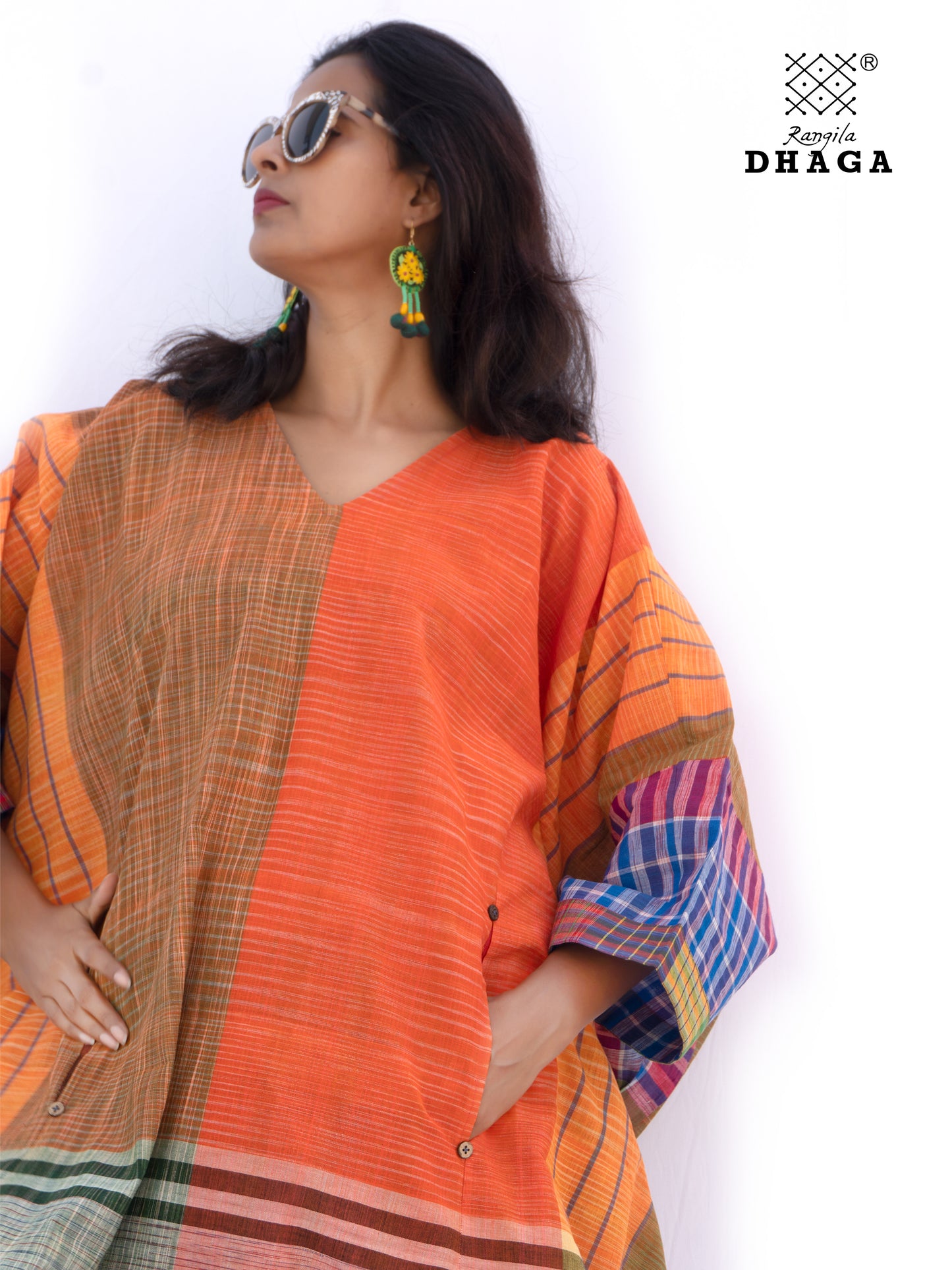Kaftan Dress Long Free Size Gamcha Fashion Handloom Cotton (Orange and Yellow ) SHR102