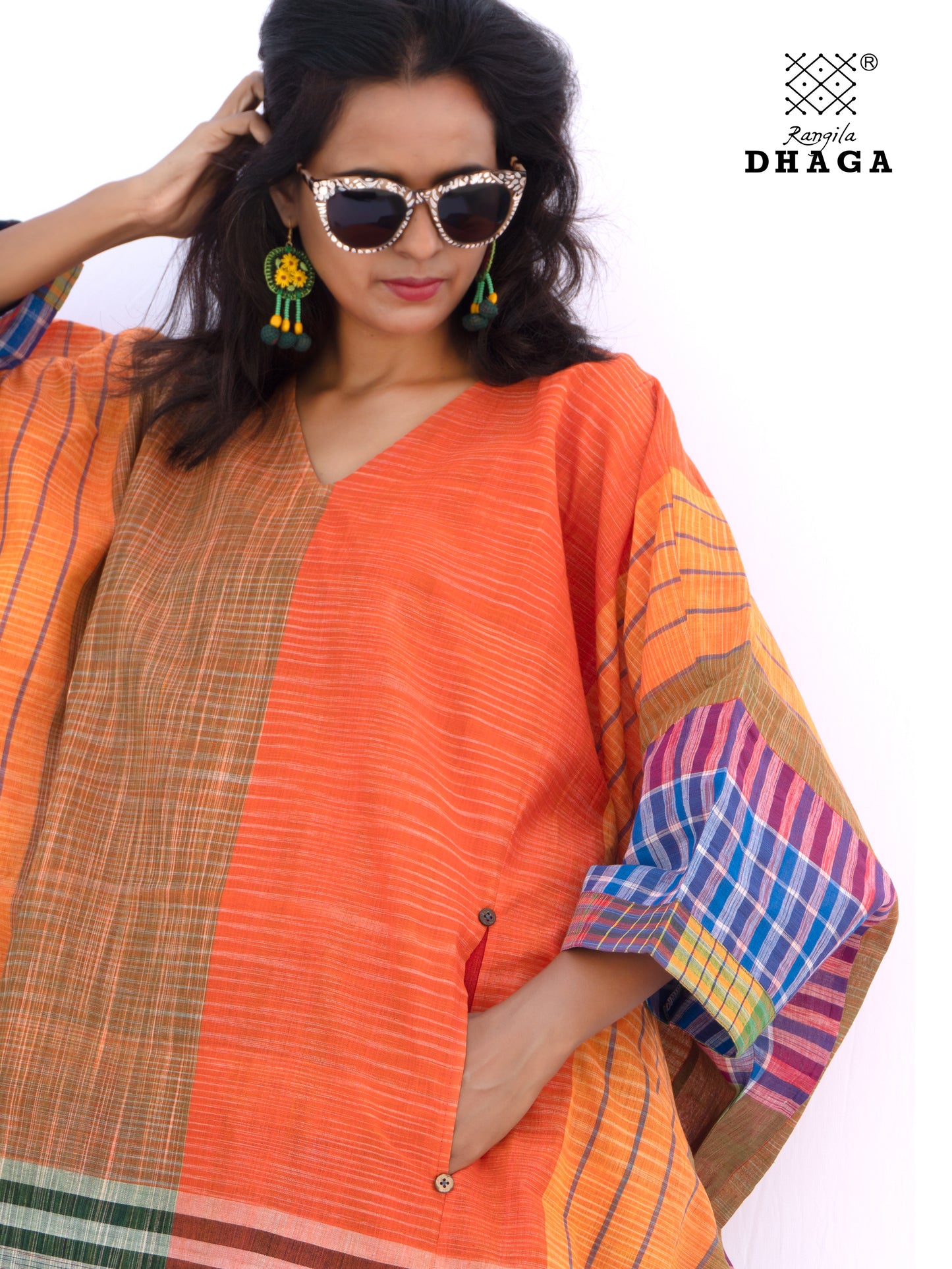 Kaftan Dress Long Free Size Gamcha Fashion Handloom Cotton (Orange and Yellow ) SHR102