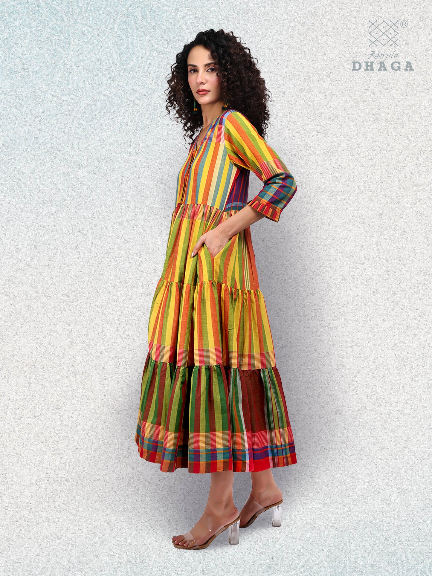 Handloom Cotton Multicolor Striped Flared Yellow Dress cum Open Shrug – Rangila Dhaga D51