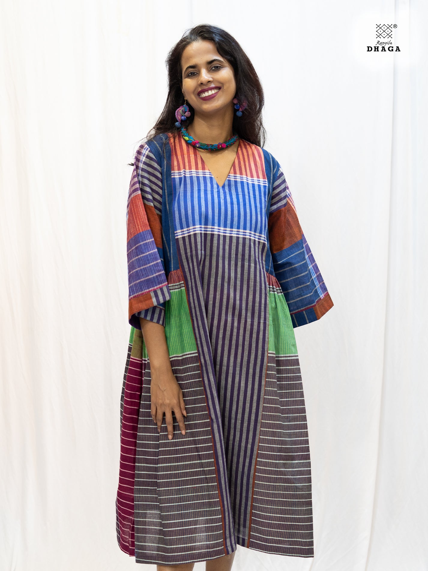 Multicolor Handloom Gamchha Free Size Dress with Pockets – Knee Length, Flared Fit D53