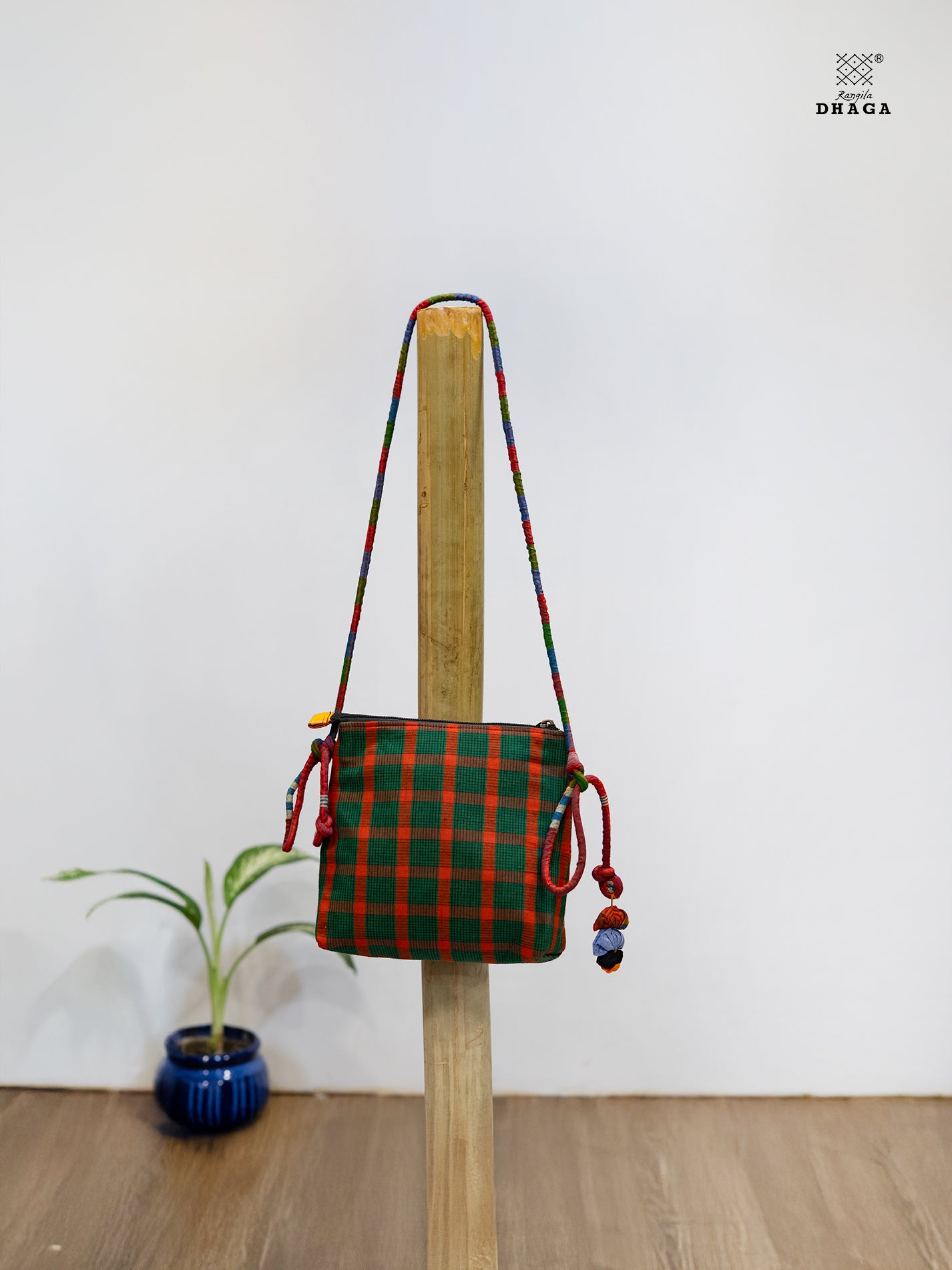 Sling Bag Gamcha Fashion Hand Embroided Green SL05
