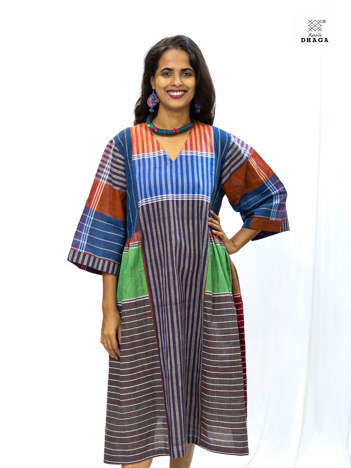 Multicolor Handloom Gamchha Free Size Dress with Pockets – Knee Length, Flared Fit D53